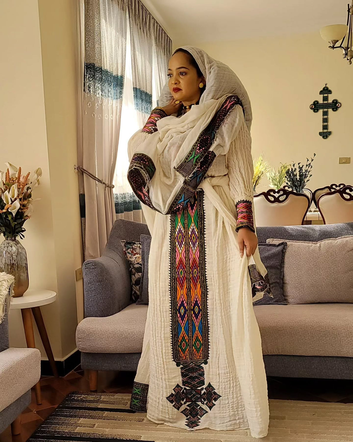 AMEL VIBRANT ETHIOPIAN DRESS | MULTICOLOR EMBROIDERY HABESHA KEMIS | HANDWOVEN HABESHA DRESS