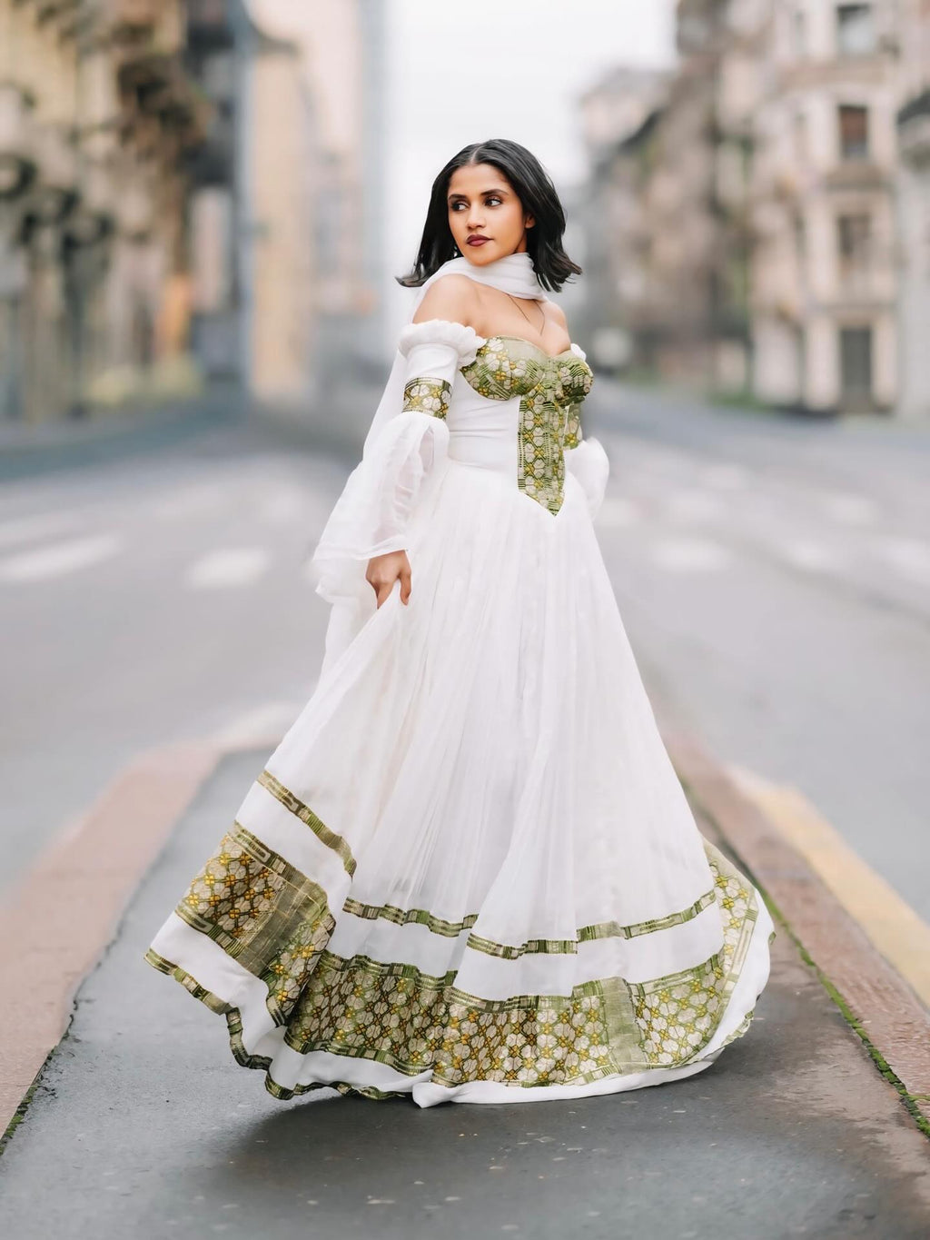 TIRINGO BEAUTIFUL HABESHA KEMIS | TRADITIONAL ETHIOPIAN CLOTHING | GREEN WOVEN HABESHA DRESS