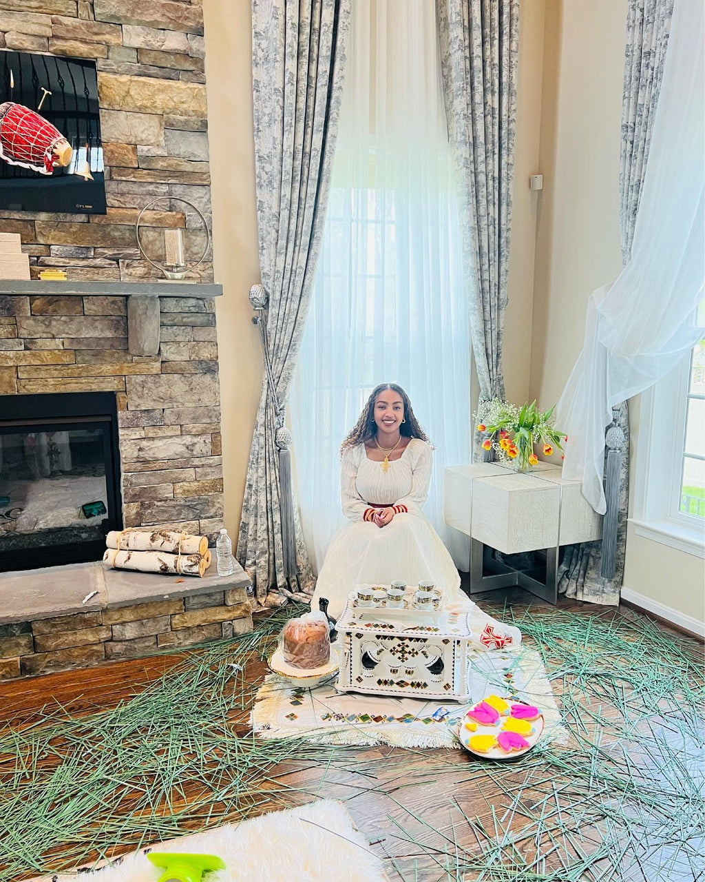 KELEMWERK WHITE HABESHA KEMIS | CROSS EMBROIDERY HABESHA DRESS | ETHIOPIAN TRADITIONAL DRESS
