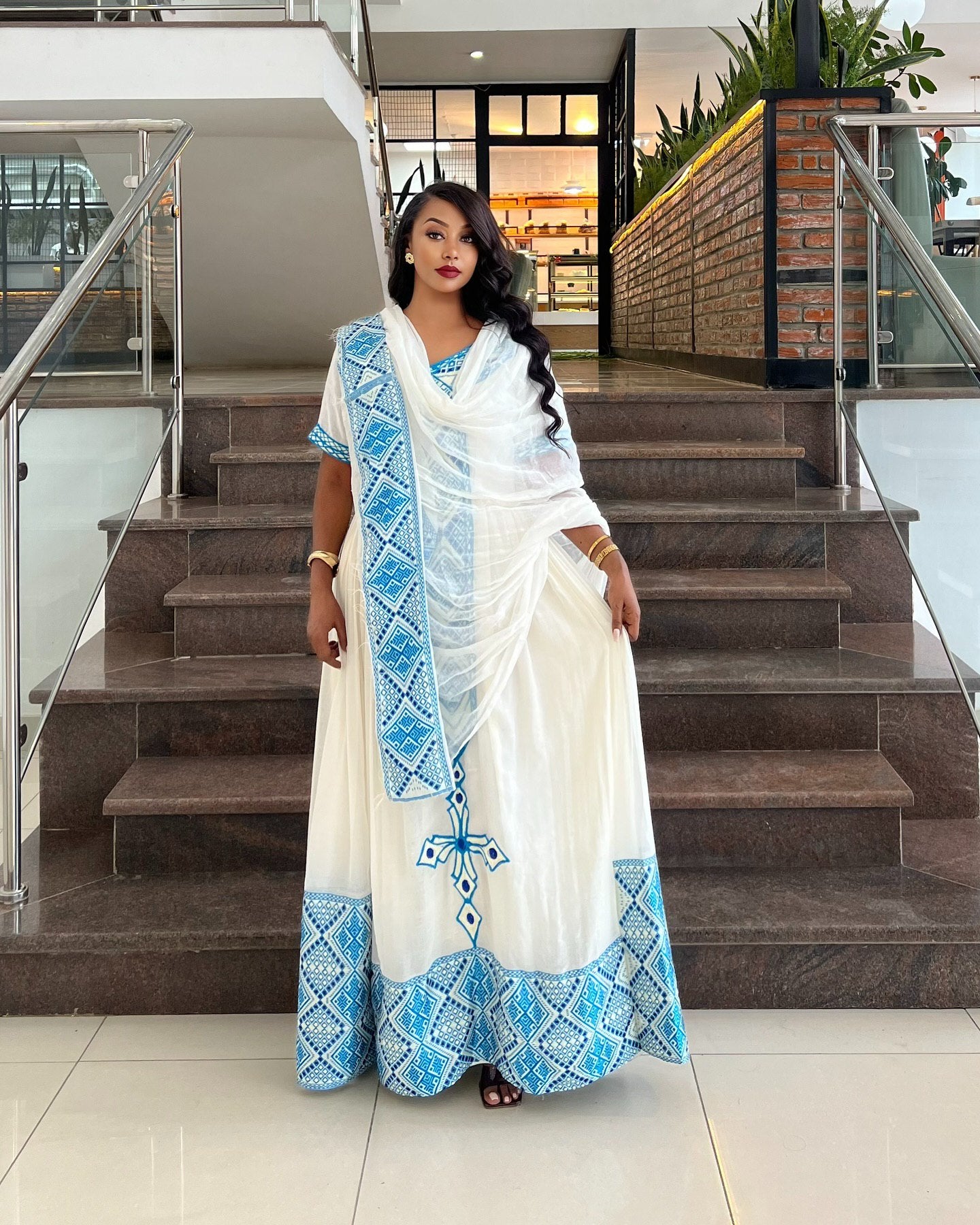 NAOMI BLUE CROSS EMBROIDERY HABESHA DRESS | ETHIOPIAN TRADITIONAL DRESS | SHORT SLEEVE HABESHA KEMIS