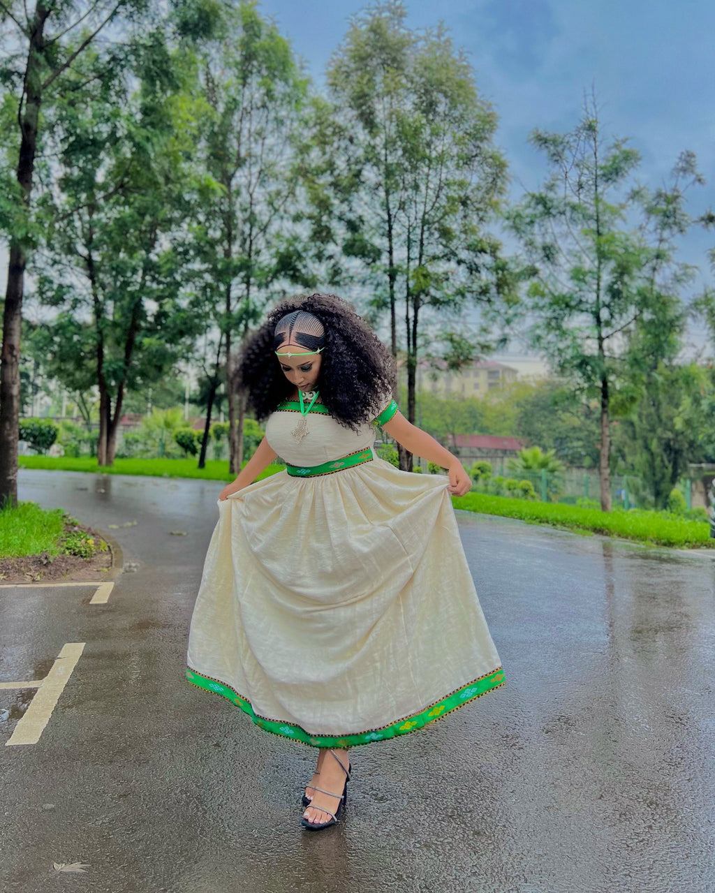 LISH SHORT SLEEVE HABESHA DRESS | GREEN PATTERN HABESHA KEMIS | ETHIOPIAN TRADITIONAL DRESS STYLE