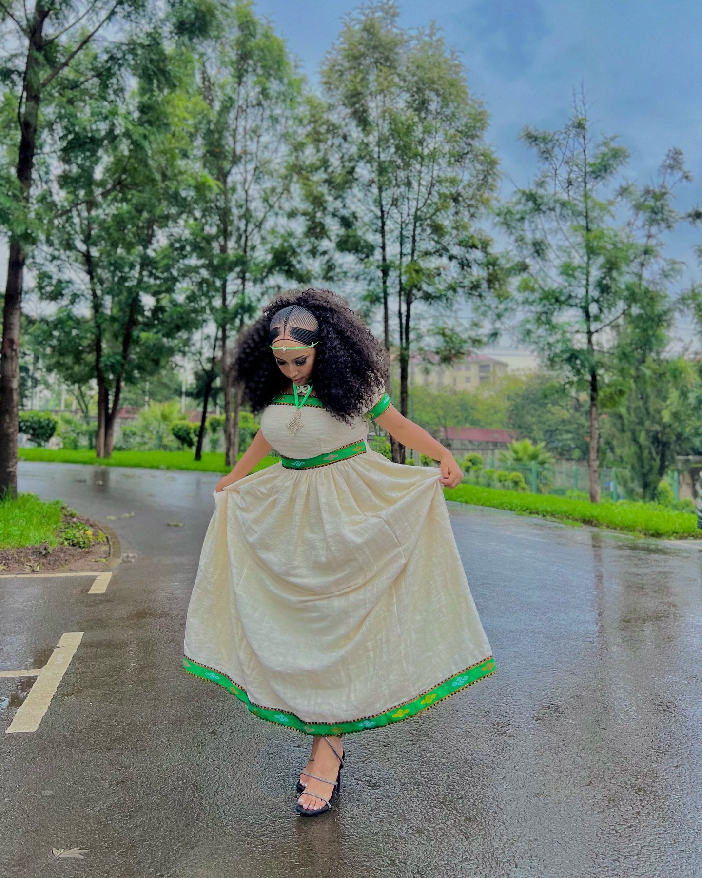 LISH SHORT SLEEVE HABESHA DRESS | GREEN PATTERN HABESHA KEMIS | ETHIOPIAN TRADITIONAL DRESS STYLE
