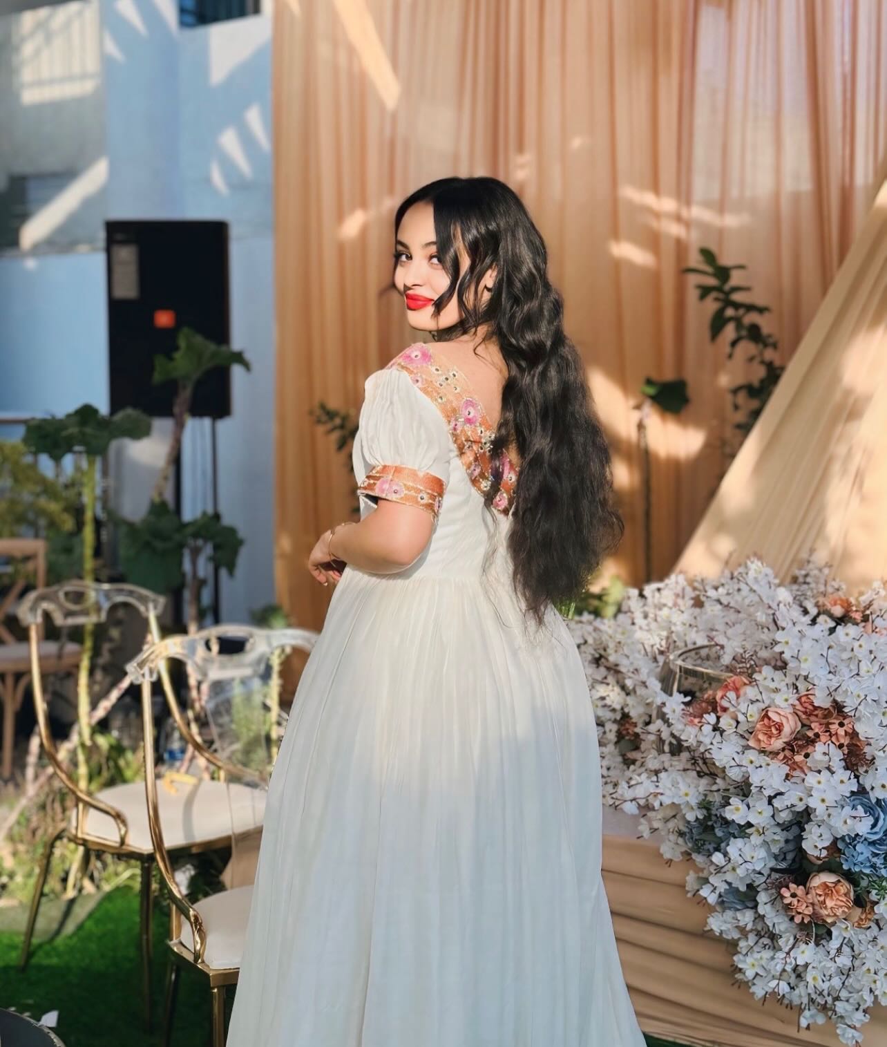 AKBERET OFF-SHOULDER HABESHA DRESS | GOLD AND PINK EMBROIDERY HABESHA DRESS | ETHIOPIAN TRADITIONAL DRESS