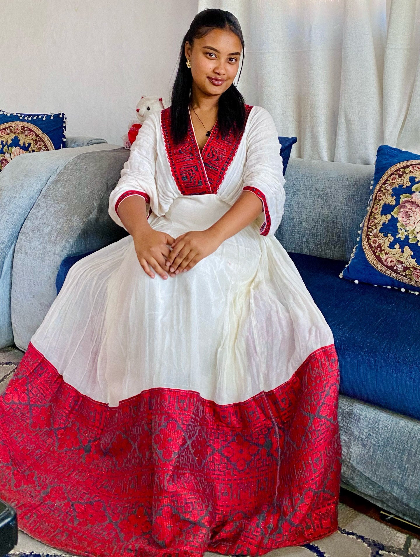 HABU AUTHENTIC RED WOVEN HABESHA KEMIS | TRADITIONAL ETHIOPIAN DRESS | V-NECKLINE HABESHA DRESS
