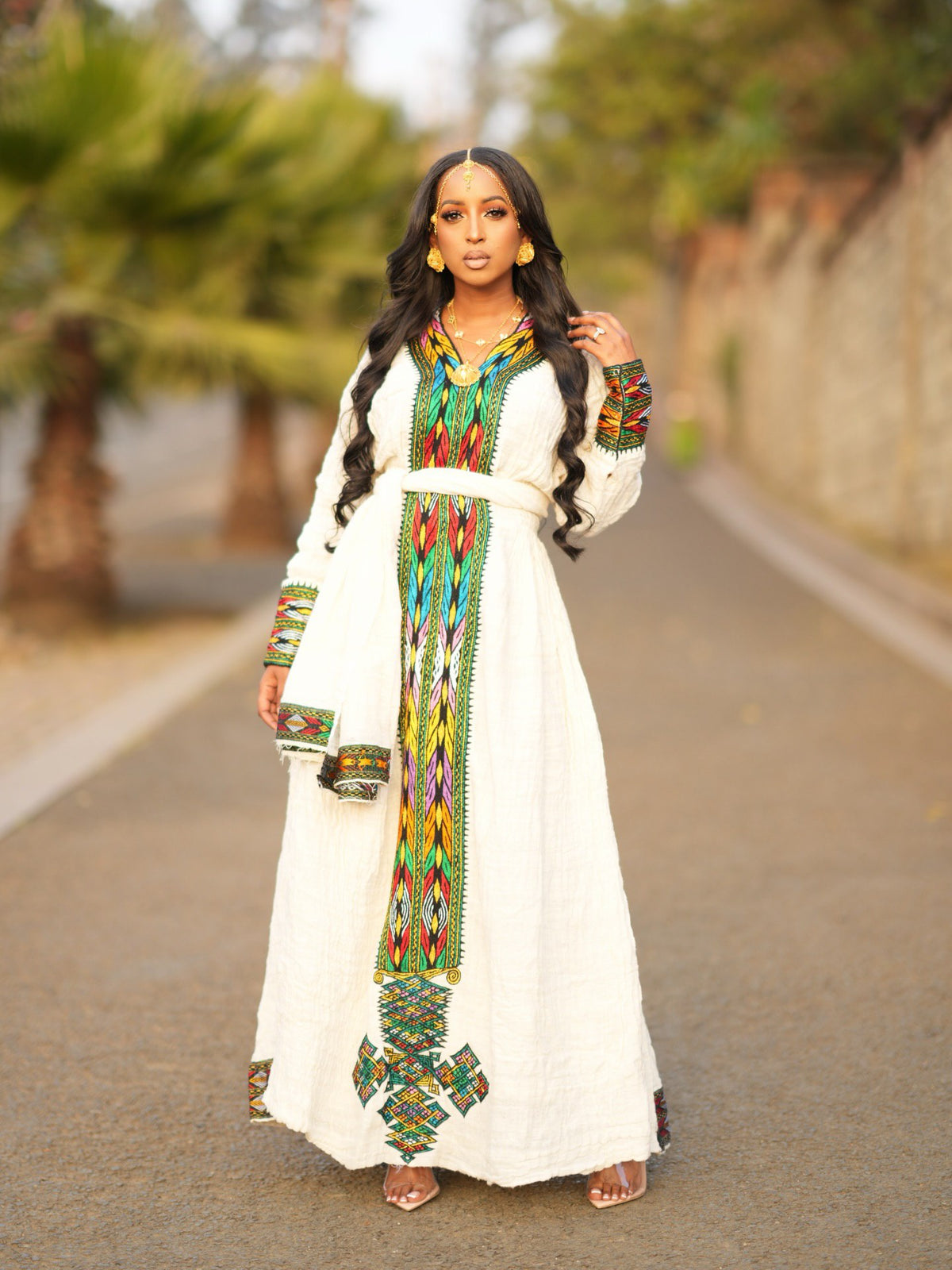 NETSITA TRADITIONAL HABESHA DRESS | LONG SLEEVE HABESHA KEMIS | COLORFUL EMBROIDERY ETHIOPIAN DRESS