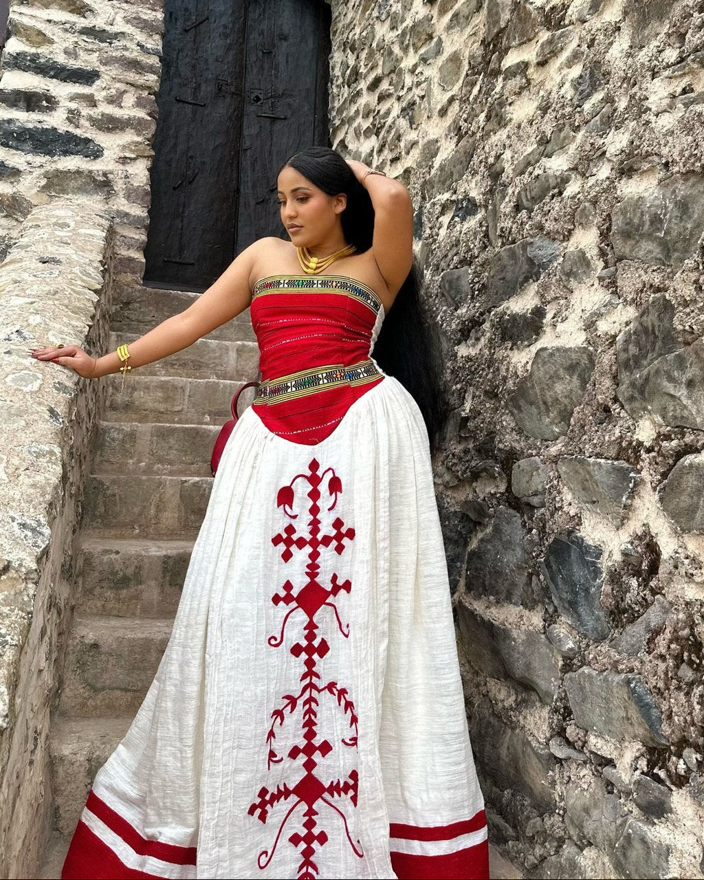 TINEBEB TRADITIONAL WHITE HABESHA KEMIS WITH RED DETAILS | ETHIOPIAN CLOTHING | HABESHA DRESS FOR CULTURAL EVENTS