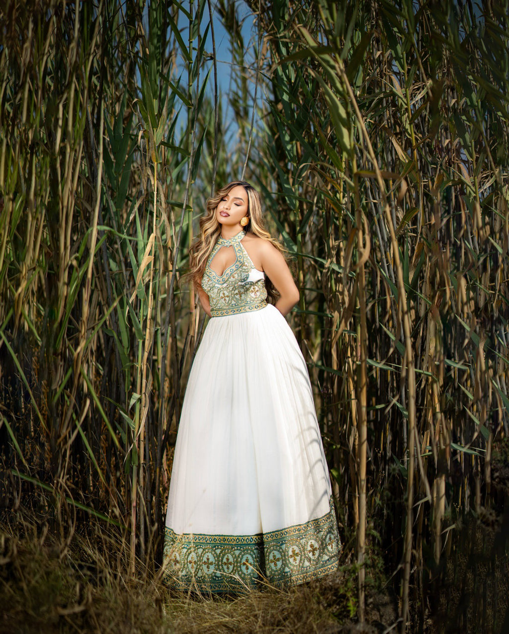 MESENBET TRADITIONAL ETHIOPIAN WEDDING DRESS | GREEN AND GOLD HABESHA KEMIS | ETHIOPIAN CLOTHING