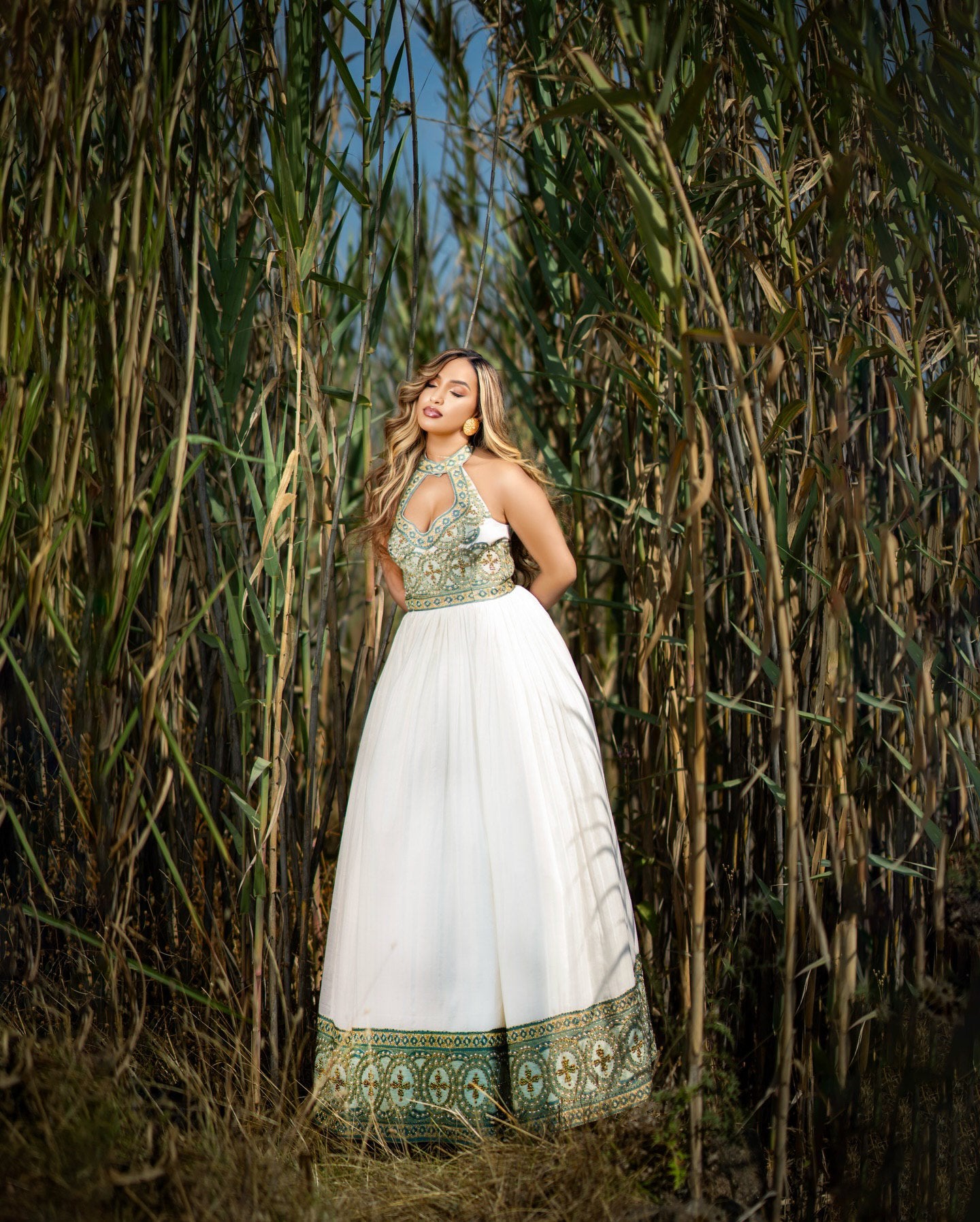 MESENBET TRADITIONAL ETHIOPIAN WEDDING DRESS | GREEN AND GOLD HABESHA KEMIS | ETHIOPIAN CLOTHING