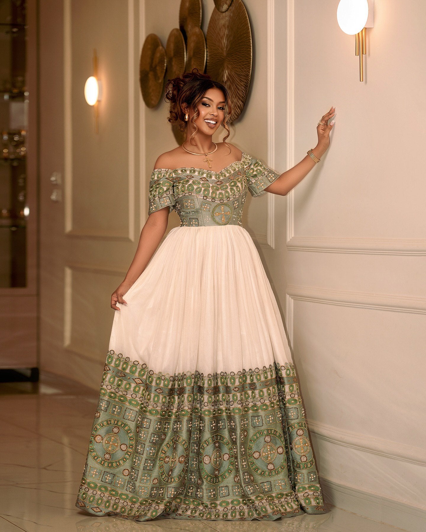 FANTAYE OFF-SHOULDER ETHIOPIAN DRESS | GREEN EMBROIDERY HABESHA KEMIS | ETHIOPIAN WEDDING DRESS