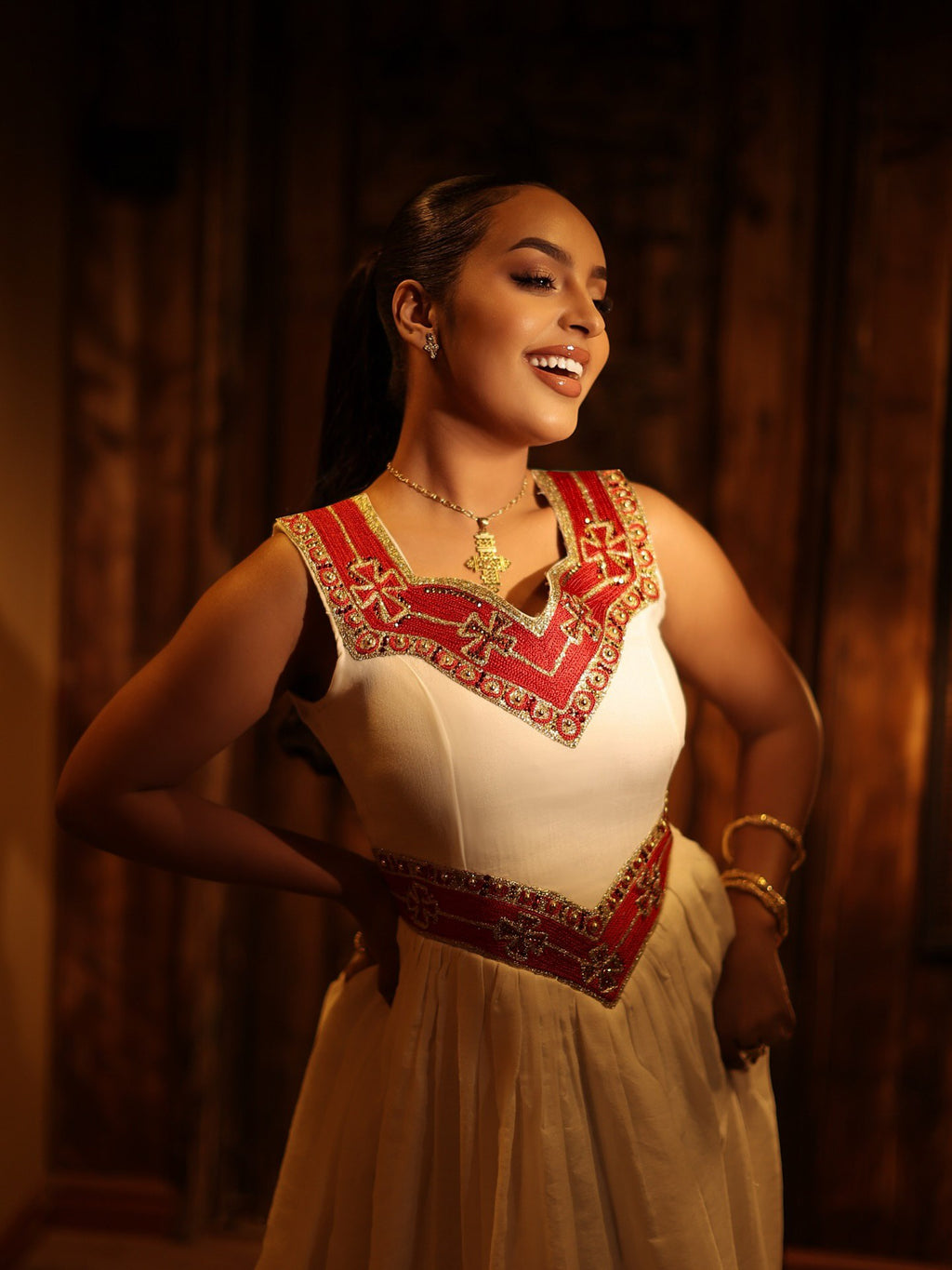 ALEMTSEHAY SLEEVELESS HABESHA KEMIS | RED AND GOLDEN EMBROIDERY HABESHA DRESS | CHARMING ETHIOPIAN DRESS