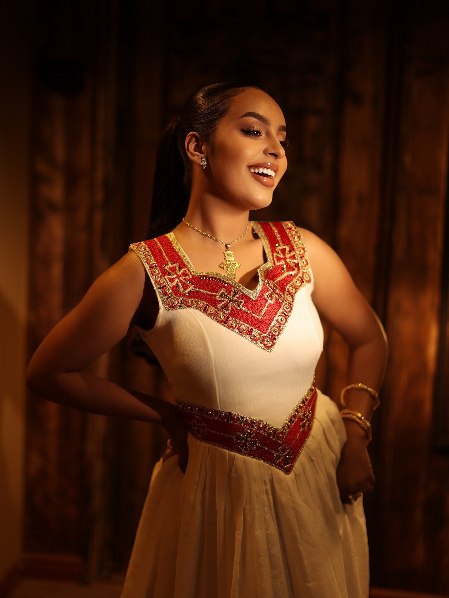ALEMTSEHAY SLEEVELESS HABESHA KEMIS | RED AND GOLDEN EMBROIDERY HABESHA DRESS | CHARMING ETHIOPIAN DRESS