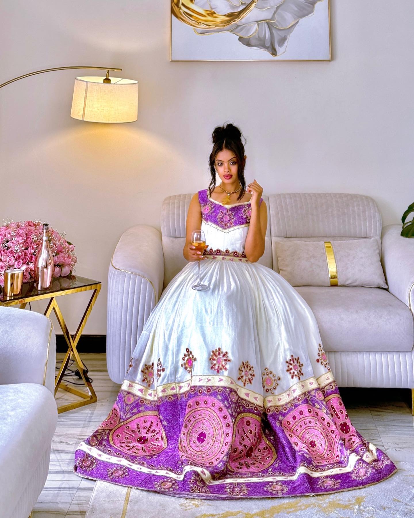 BISRY ETHIOPIAN WEDDING DRESS | PURPLE AND PINK EMBROIDERY HABESHA KEMIS | SLEEVELESS HABESHA DRESS