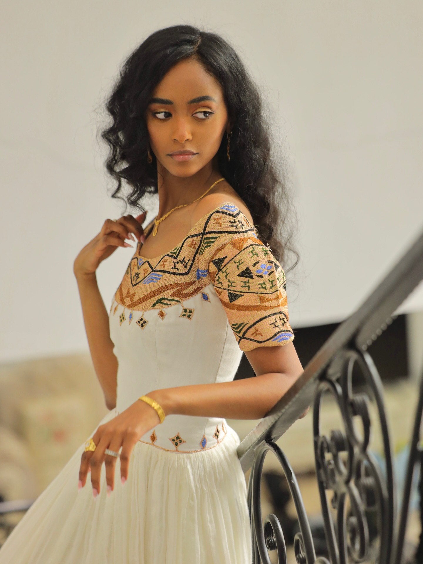 ANNA STUNNING OFF-SHOULDER HABESHA KEMIS | MULTICOLOR EMBROIDERY HABESHA DRESS | TRADITIONAL ETHIOPIAN CLOTHING