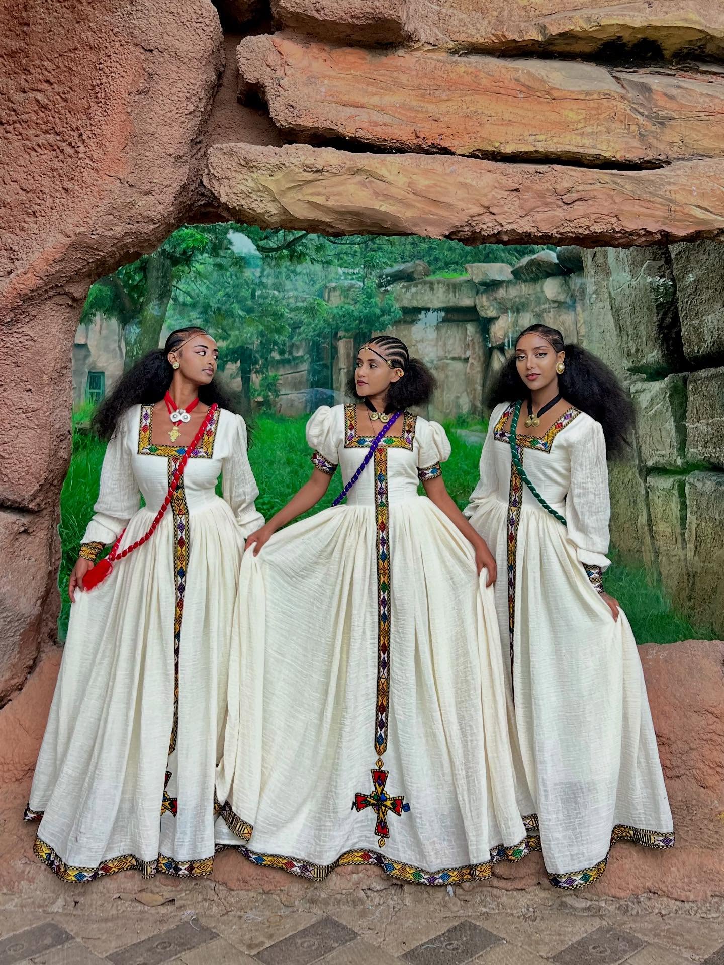 NARDI ETHIOPIAN HABESHA DRESS | TRADITIONAL TIBEB DESIGN ETHIOPIAN CLOTH | MULTICOLORED HABESHA KEMIS WITH CROSS EMBROIDERY