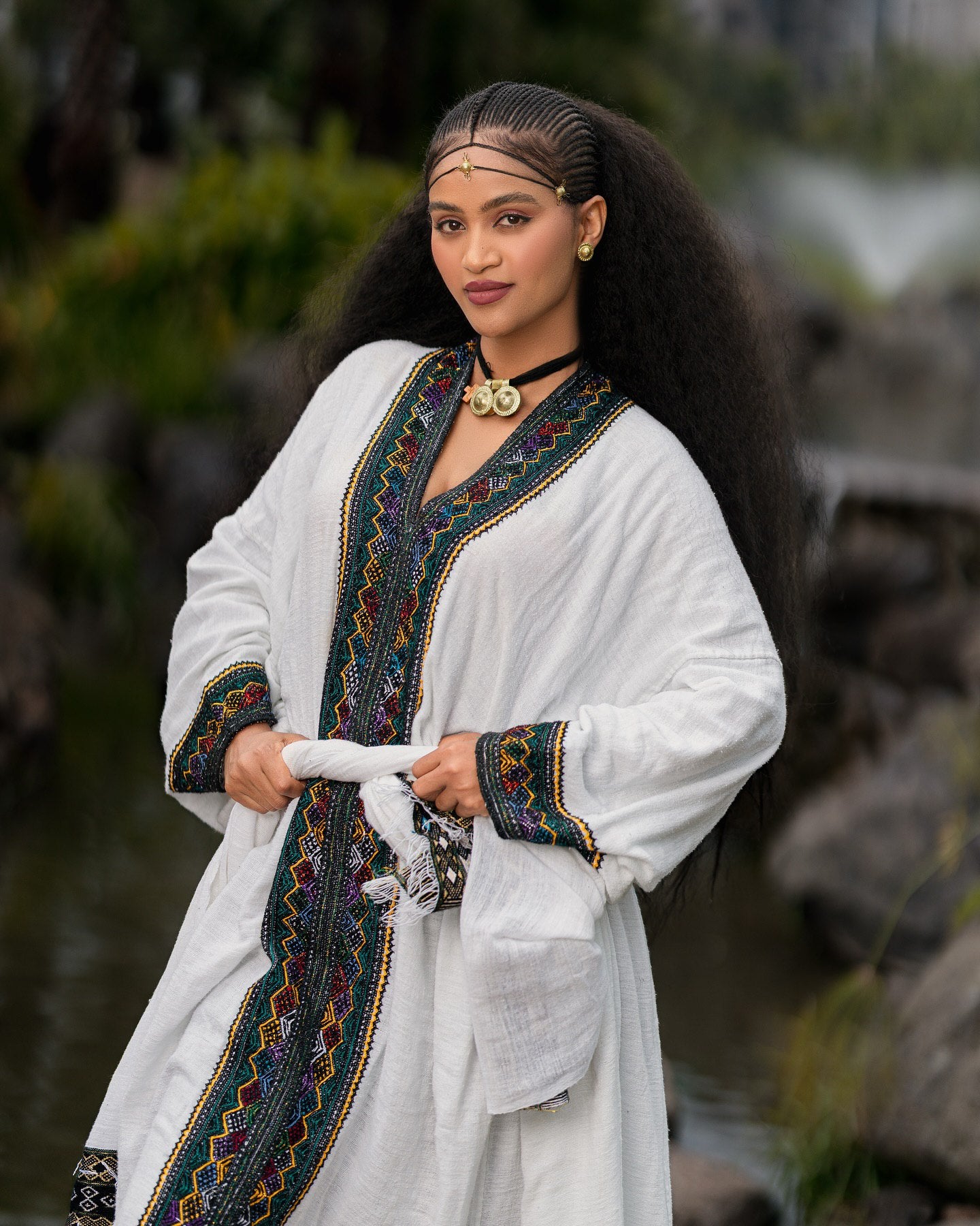 MENBI MULTICOLOR ZIGZAG TIBEB DESIGN ETHIOPIAN CLOTHING | BEAUTIFUL HABESHA DRESS FOR HOLIDAY | WIDE SLEEVE HABESHA KEMIS