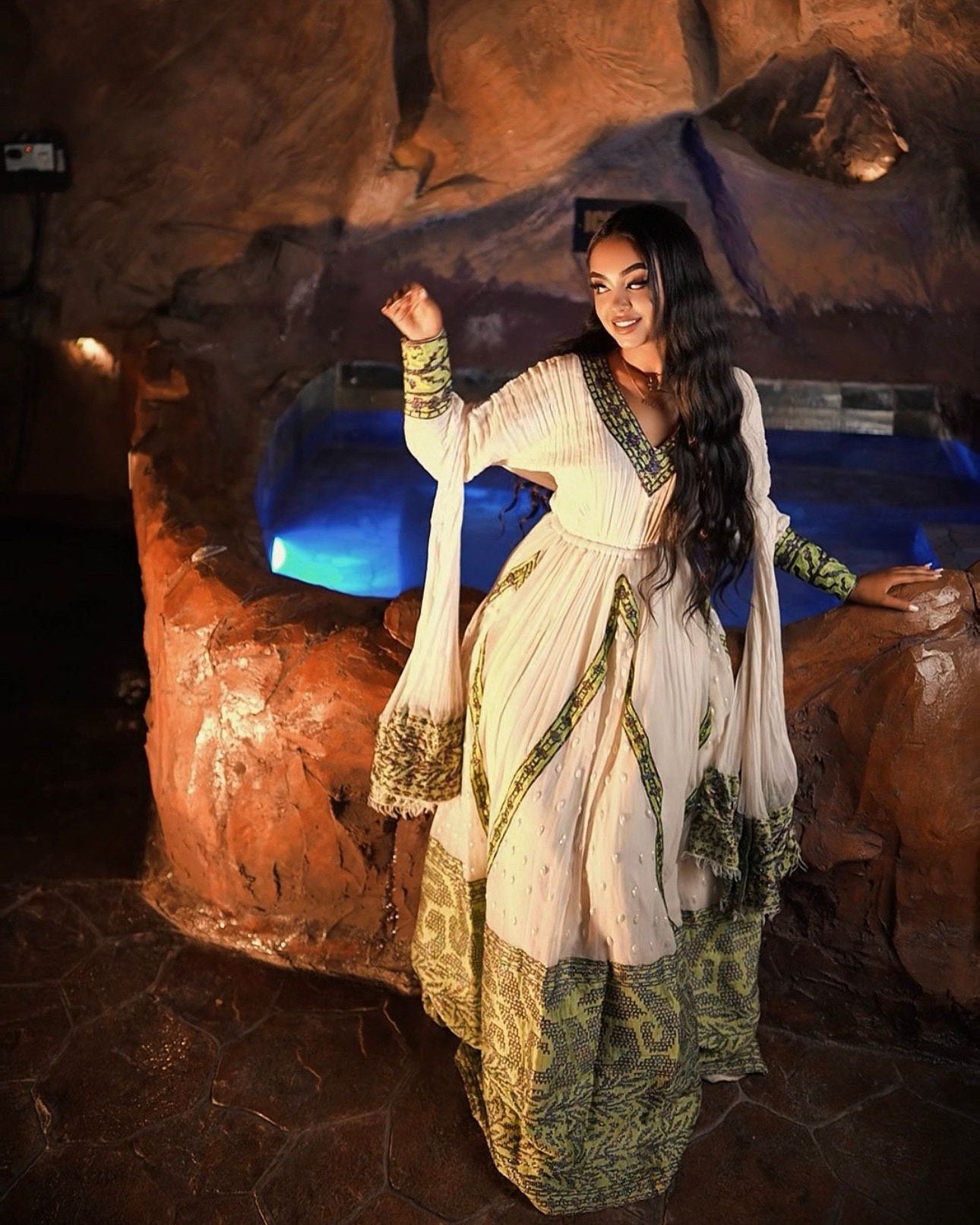 KONJIT ELEGANT ETHIOPIAN TRADITIONAL DRESS | HABESHA DRESS FOR SPECIAL CELEBRATIONS | GREEN AND GOLD PATTERN HABESHA KEMIS |
