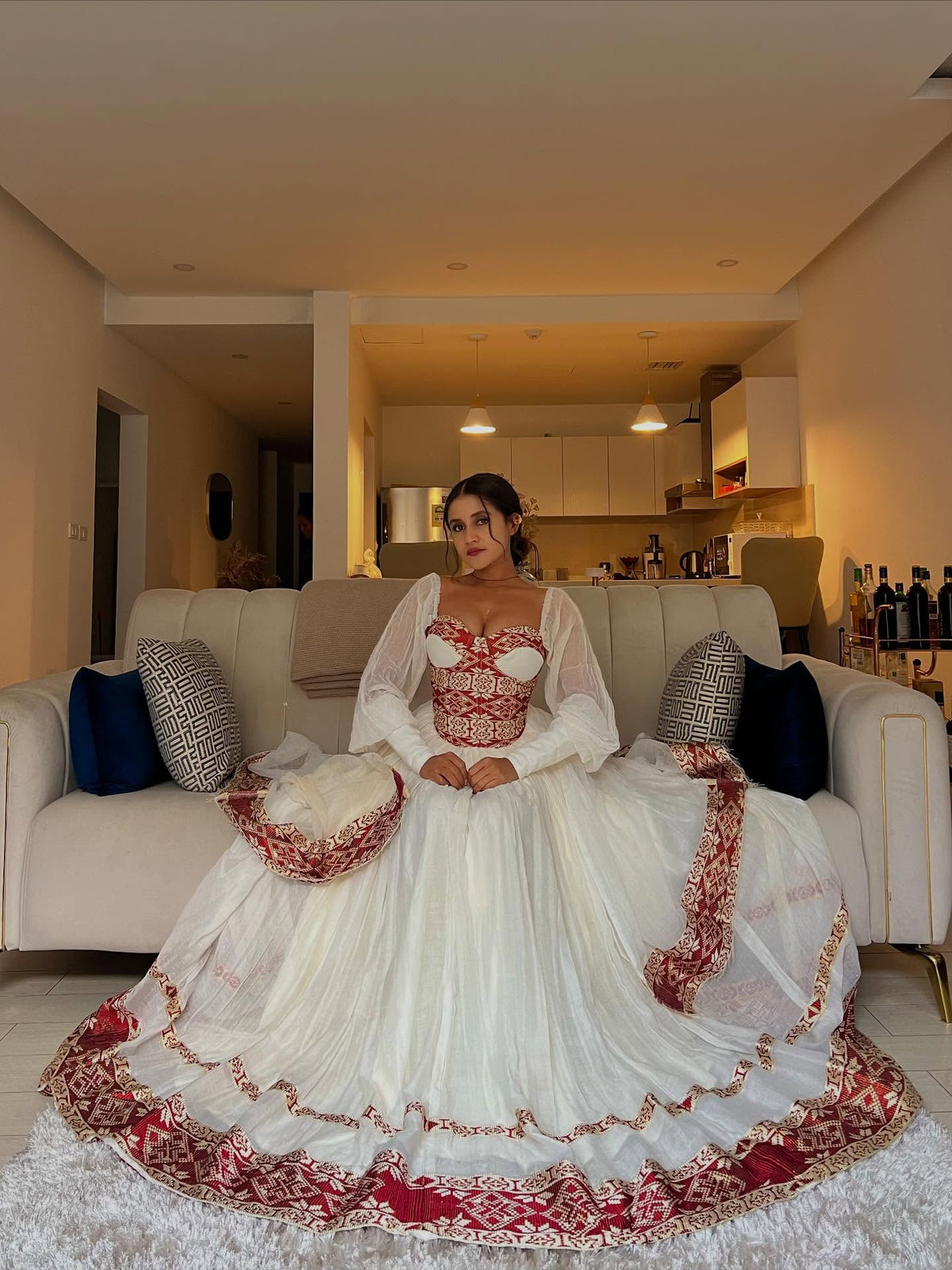 ARIAM ROYAL TRADITIONAL ETHIOPIAN WEDDING DRESS | RED AND GOLD WOVEN PATTERN HABESHA KEMIS | VIBRANT HABESHA DRESS FOR WEDDING