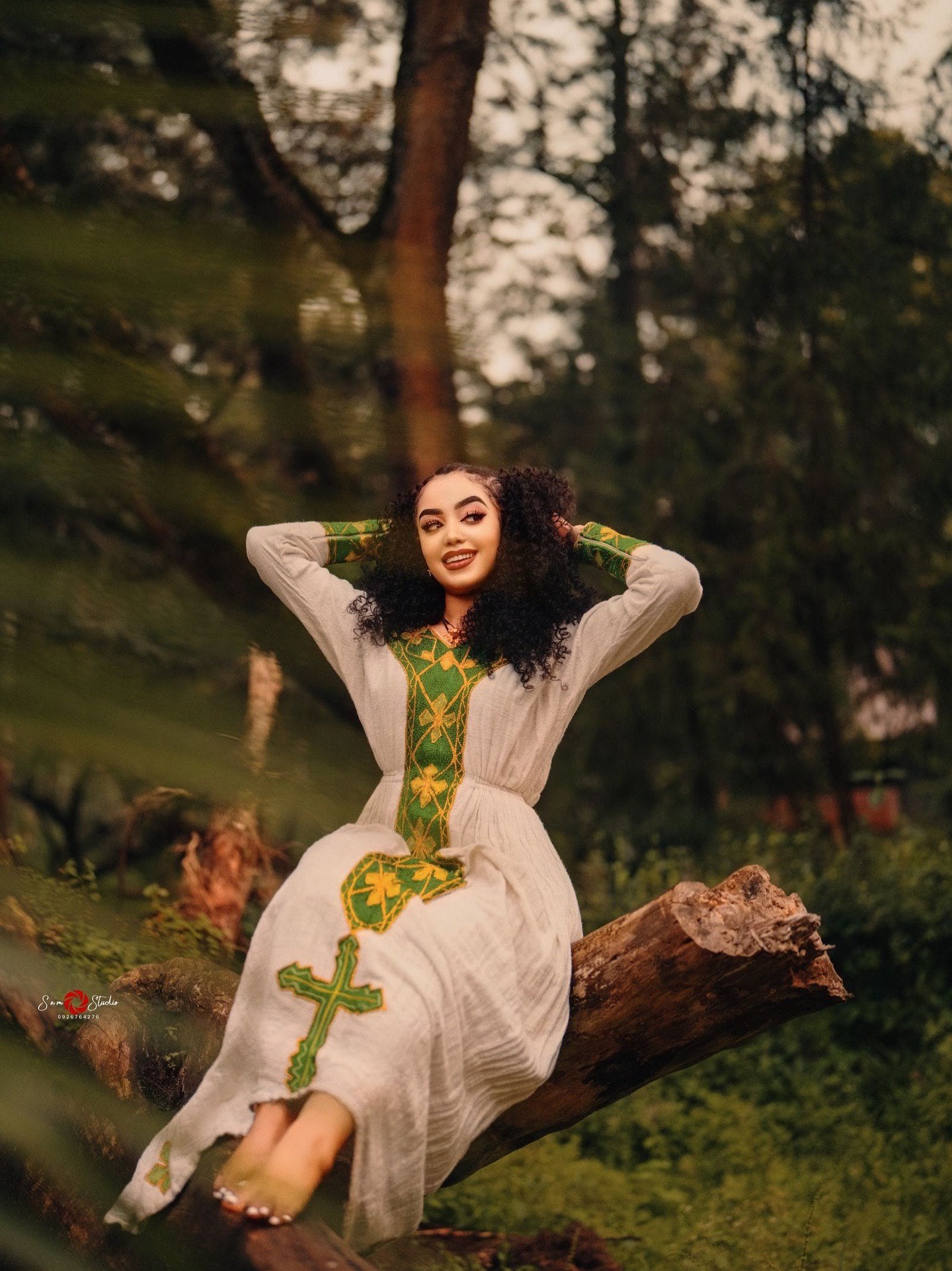 MESELU CLASSIC TRADITIONAL HABESHA KEMIS | GREEN & GOLD EMBROIDERY ETHIOPIAN DRESS | HANDWOVEN HABESHA DRESS