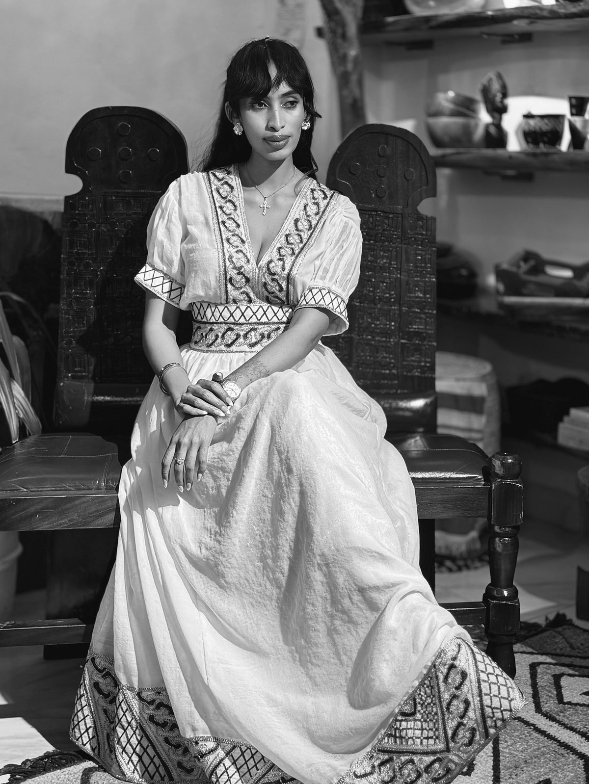 YOHANA ETHIOPIAN TRADITIONAL DRESS | HABESHA DRESS WITH BLUE & YELLOW EMBROIDERY | HABESHA KEMIS FOR EVENTS