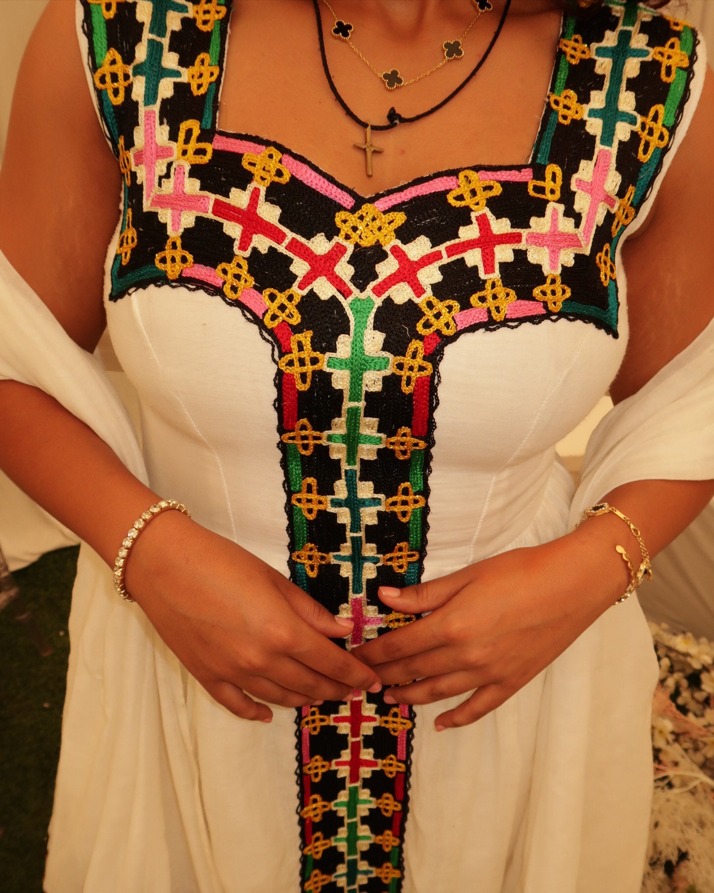 WENGELAWIT WHITE ETHIOPIAN TRADITIONAL DRESS | MULTICOLOR EMBROIDERY HABESHA KEMIS | STYLISH HABESHA DRESS