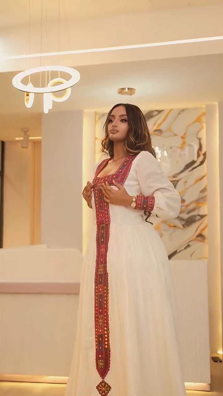 ZEWDY LONG SLEEVE HABESHA KEMIS | TRADITIONAL ETHIOPIAN DRESS FOR WOMEN | RED PATTERN HABESHA DRESS