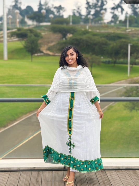 GREEN EMBROIDERY HABESHA KEMIS | HABESHA DRESS | TRADITIONAL ETHIOPIAN CLOTHING