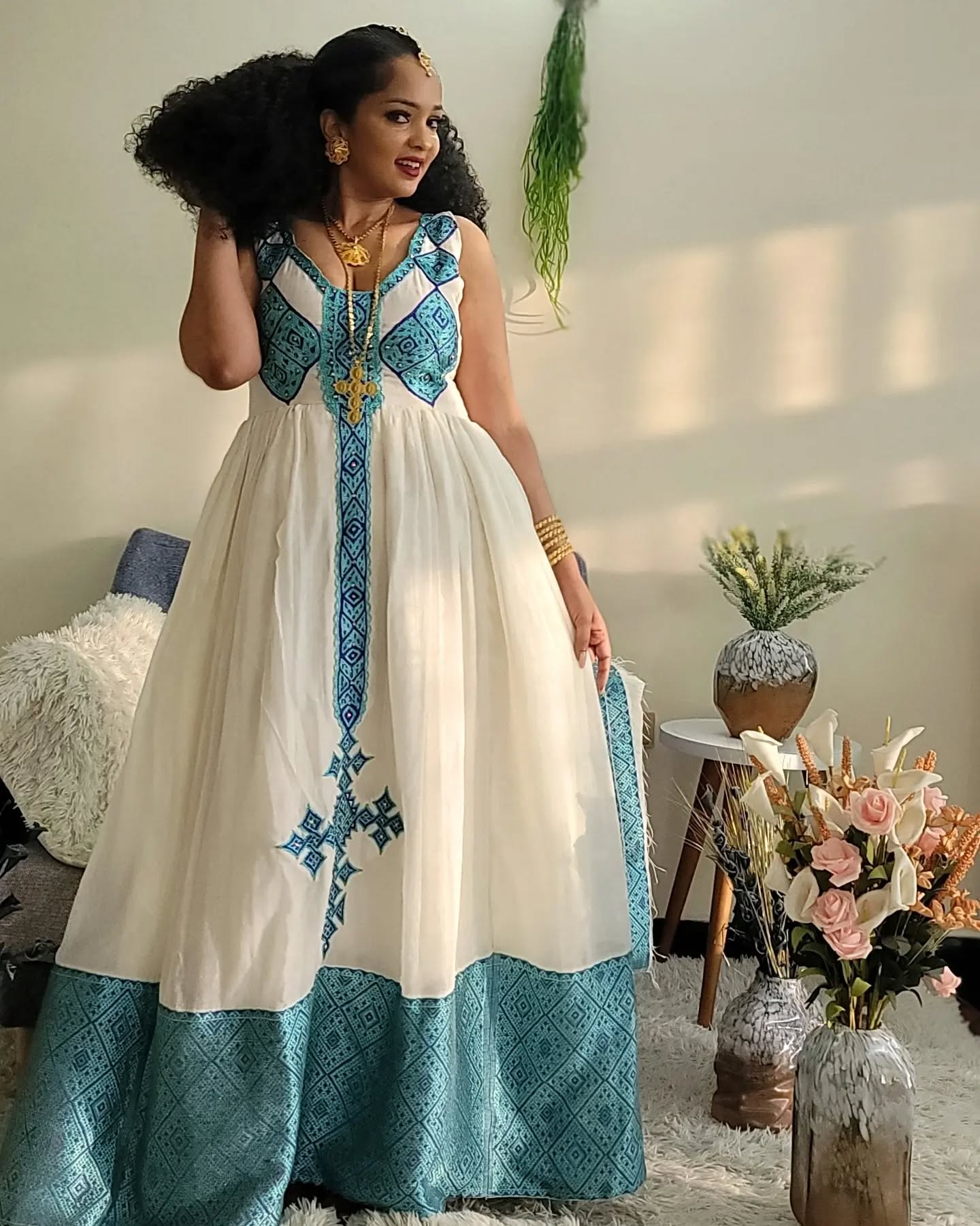 HABESHA KEMIS – SLEEVELESS ETHIOPIAN TRADITIONAL DRESS WITH CROSS EMBROIDERY | HABESHA DRESS