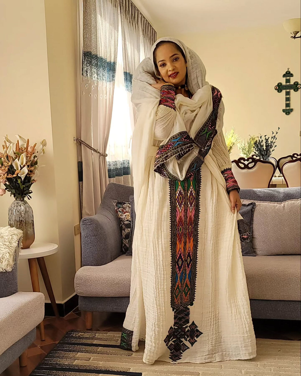 AMEL VIBRANT ETHIOPIAN DRESS | MULTICOLOR EMBROIDERY HABESHA KEMIS | HANDWOVEN HABESHA DRESS