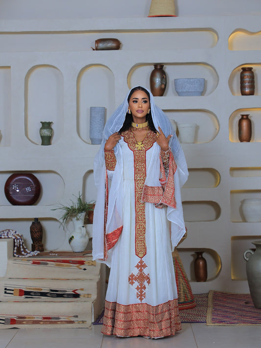 LONG SLEEVE HABESHA DRESS – HABESHA KEMIS WITH CROSS EMBROIDERY | ETHIOPIAN TRADITIONAL DRESS