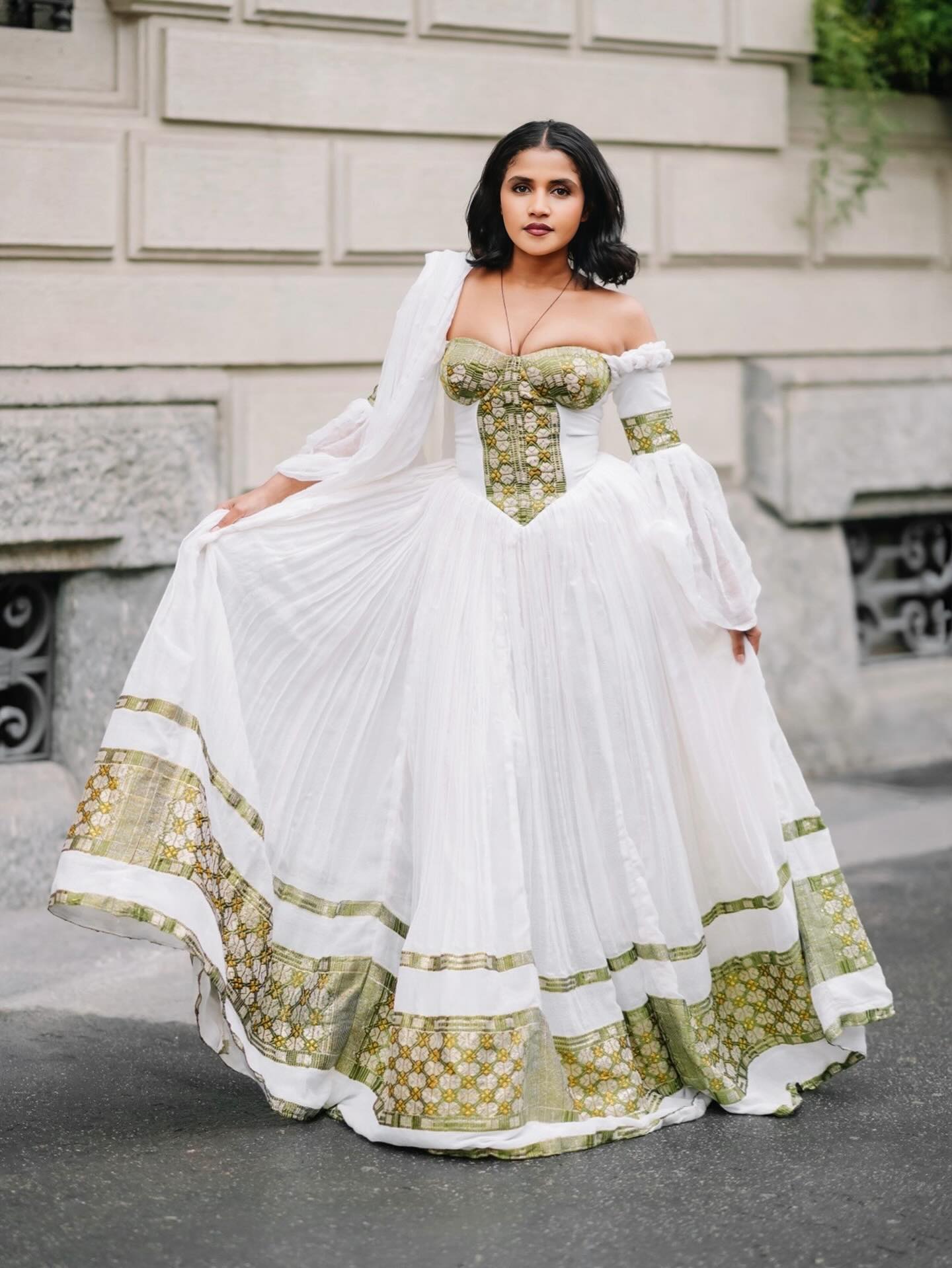 TIRINGO BEAUTIFUL HABESHA KEMIS | TRADITIONAL ETHIOPIAN CLOTHING | GREEN WOVEN HABESHA DRESS