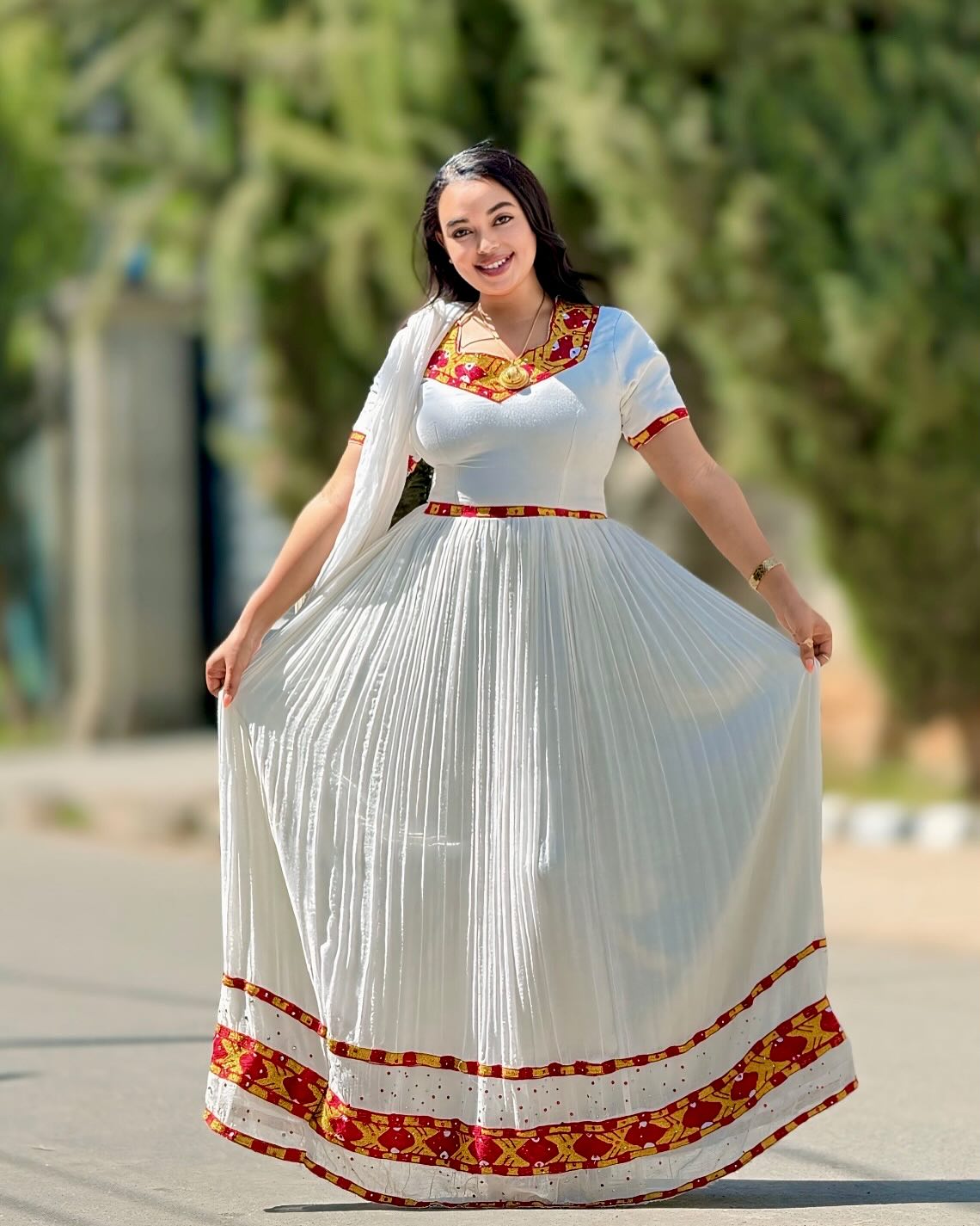 HANICHA RED AND GOLD EMBROIDERY HABESHA KEMIS | STUNNING TRADITIONAL ETHIOPIAN CLOTHING | EXQUISITE HABESHA DRESS FOR WOMEN