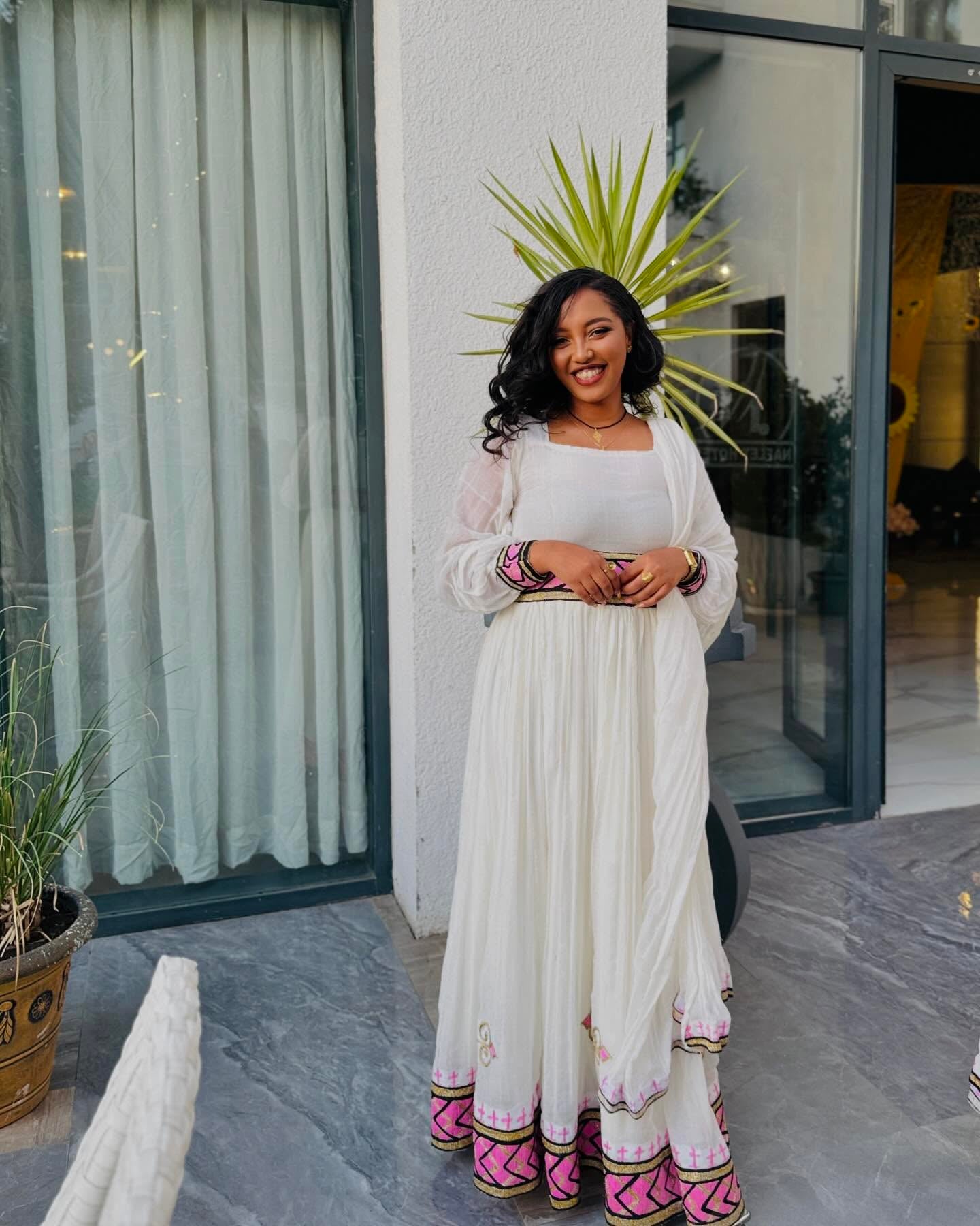 BIRIKTI COLORFUL EMBROIDERED HABESHA KEMIS | TRADITIONAL ETHIOPIAN DRESS DESIGN | VIBRANT HABESHA DRESS