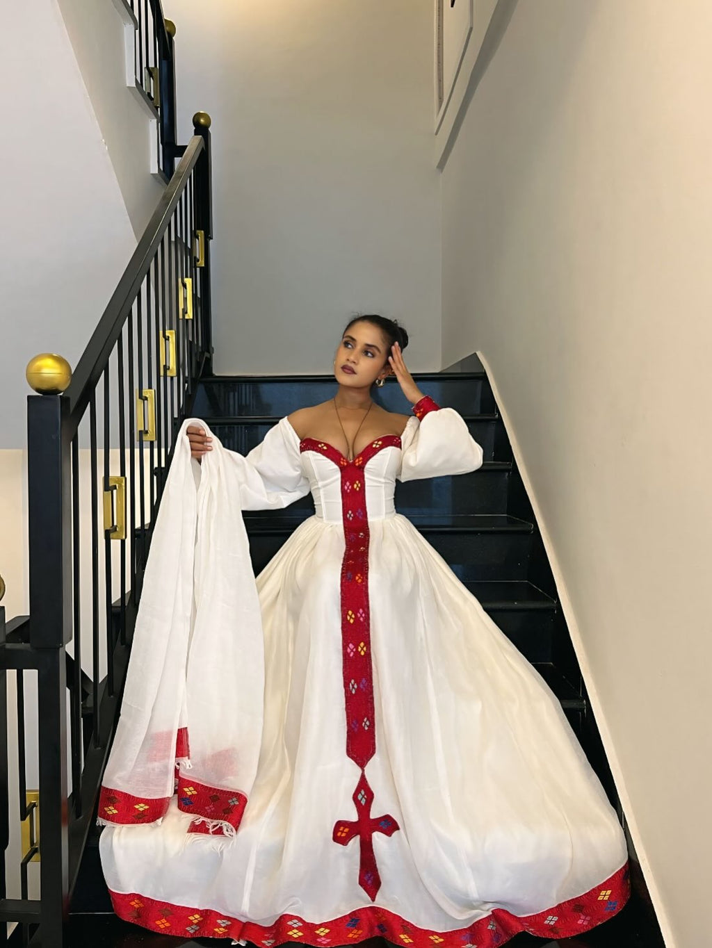 ZEBIDER OFF SHOULDER HABESHA DRESS | ETHIOPIAN DRESS COLLECTION | CROSS PATTERN HABESHA KEMIS
