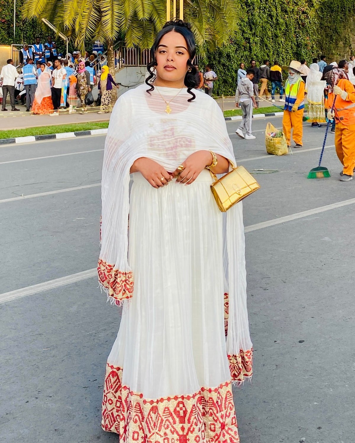 ZENEBU SHORT SLEEVE HABESHA DRESS | AUTHENTIC TRADITIONAL ETHIOPIAN CLOTHING | GOLD AND RED WOVEN HABESHA KEMIS