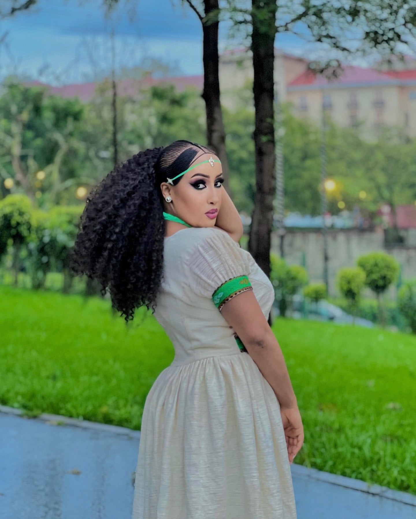 LISH SHORT SLEEVE HABESHA DRESS | GREEN PATTERN HABESHA KEMIS | ETHIOPIAN TRADITIONAL DRESS STYLE