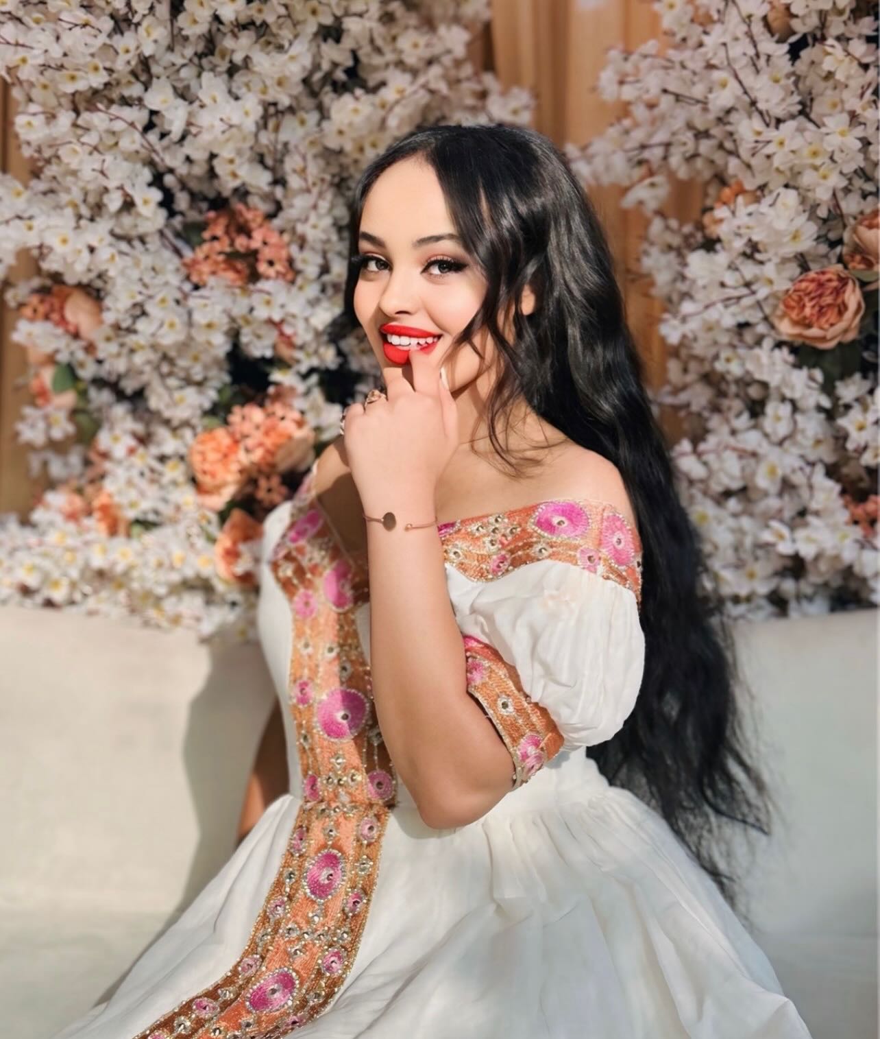 AKBERET OFF-SHOULDER HABESHA DRESS | GOLD AND PINK EMBROIDERY HABESHA DRESS | ETHIOPIAN TRADITIONAL DRESS