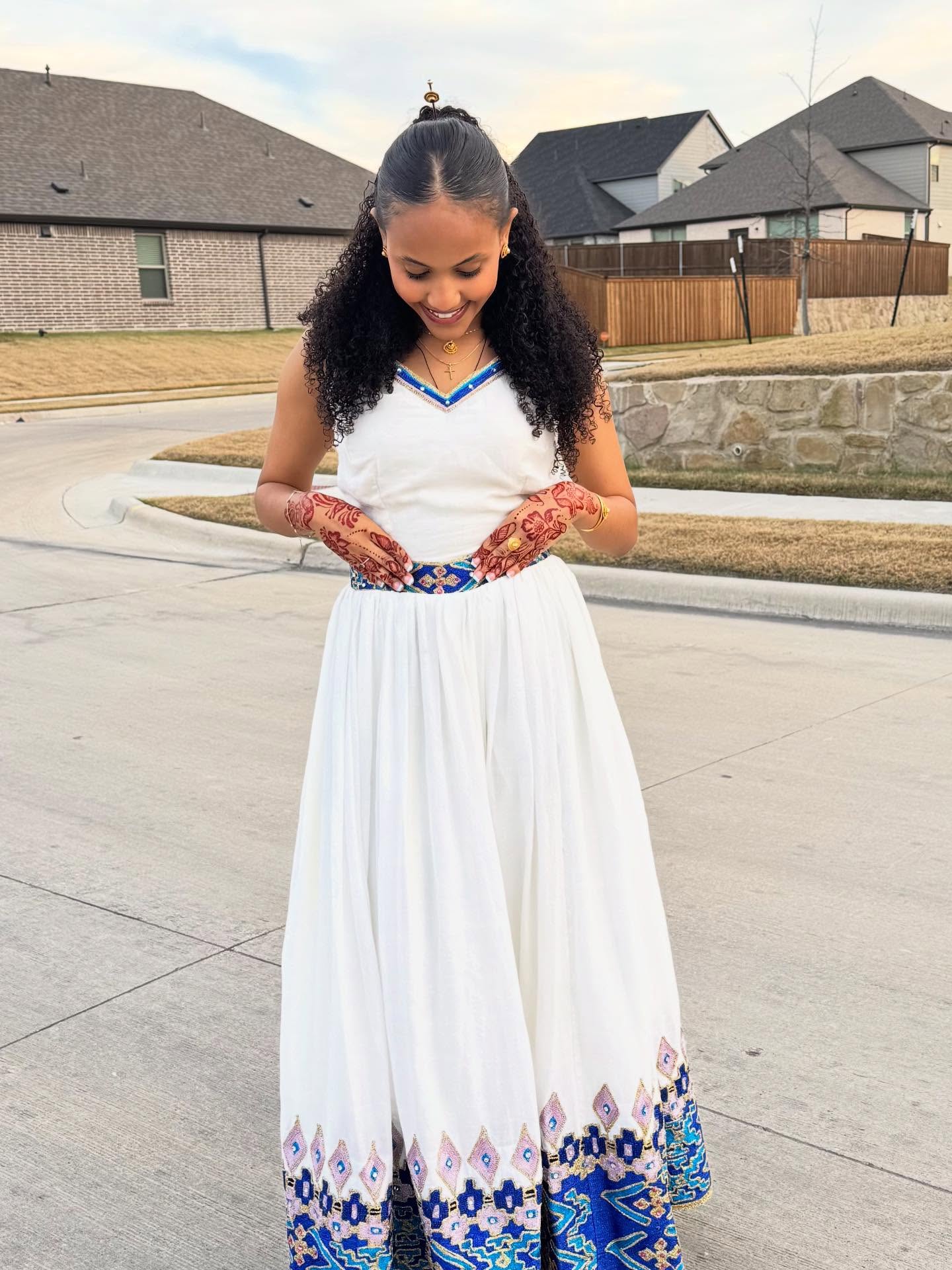 AKALE ETHIOPIAN CLOTHING COLLECTION | SLEEVELESS HABESHA DRESS | BLUE HABESHA KEMIS DESIGN