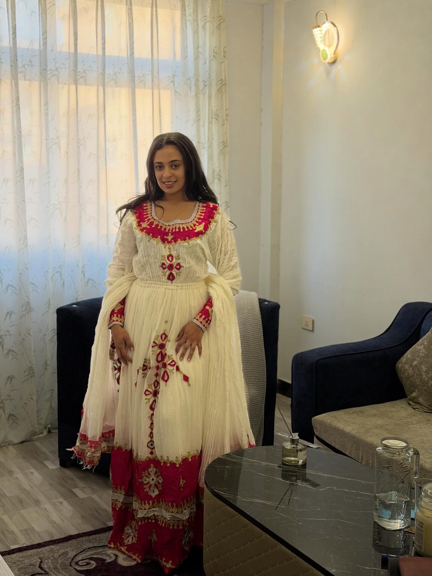 MUSHRIT RED PATTERN ETHIOPIAN DRESS | LONG SLEEVE HABESHA KEMIS | VIBRANT HABESHA DRESS FOR EVENT
