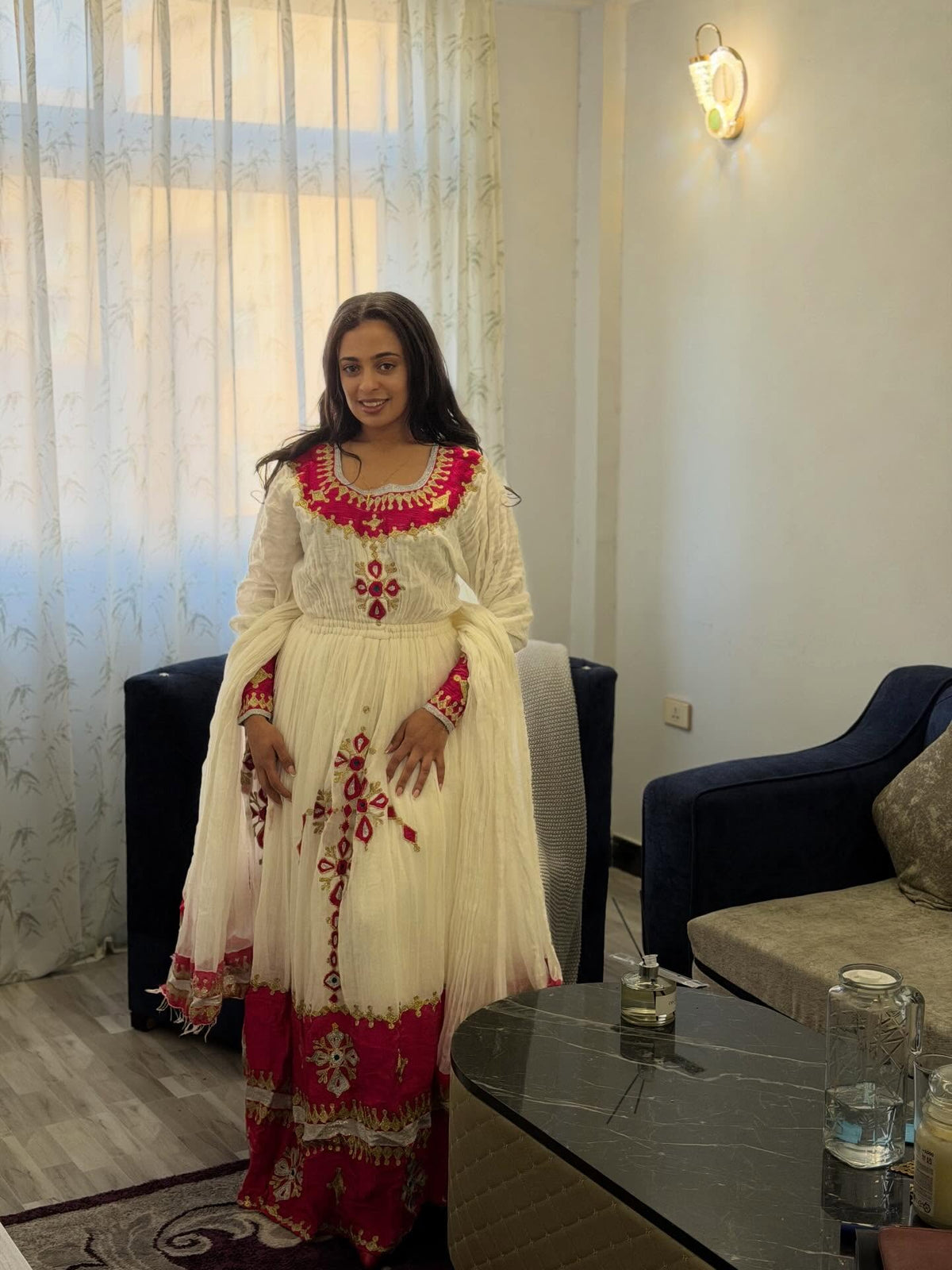 MUSHRIT RED PATTERN ETHIOPIAN DRESS | LONG SLEEVE HABESHA KEMIS | VIBRANT HABESHA DRESS FOR EVENT