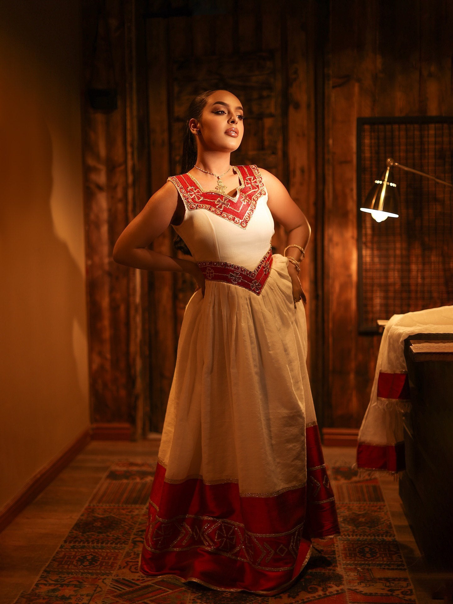 ALEMTSEHAY SLEEVELESS HABESHA KEMIS | RED AND GOLDEN EMBROIDERY HABESHA DRESS | CHARMING ETHIOPIAN DRESS