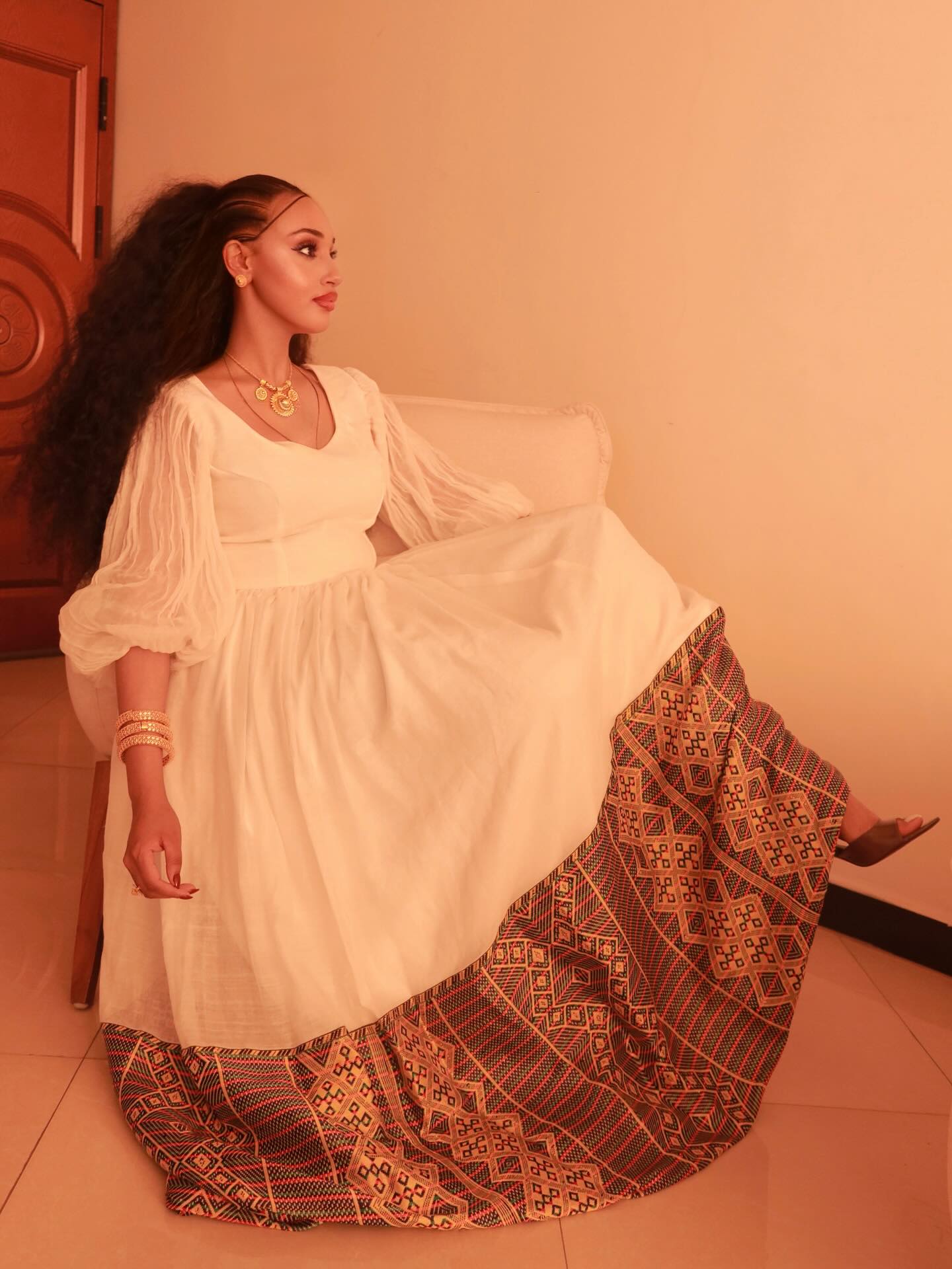 TRUFAT FLOWING LONG-SLEEVE HABESHA KEMIS | COLORFUL WOVEN HEM HABESHA DRESS | INSPIRED BY ETHIOPIAN CLOTHING