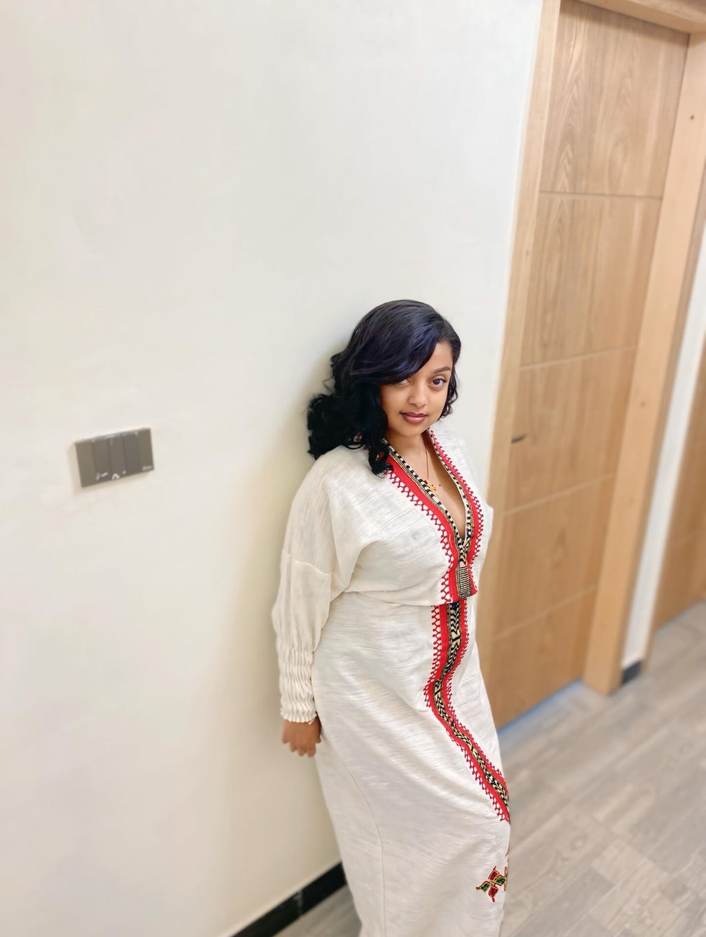 KIDAN V-NECKLINE HABESHA KEMIS | RED EMBROIDERY HABESHA DRESS | TRADITIONAL ETHIOPIAN DRESS
