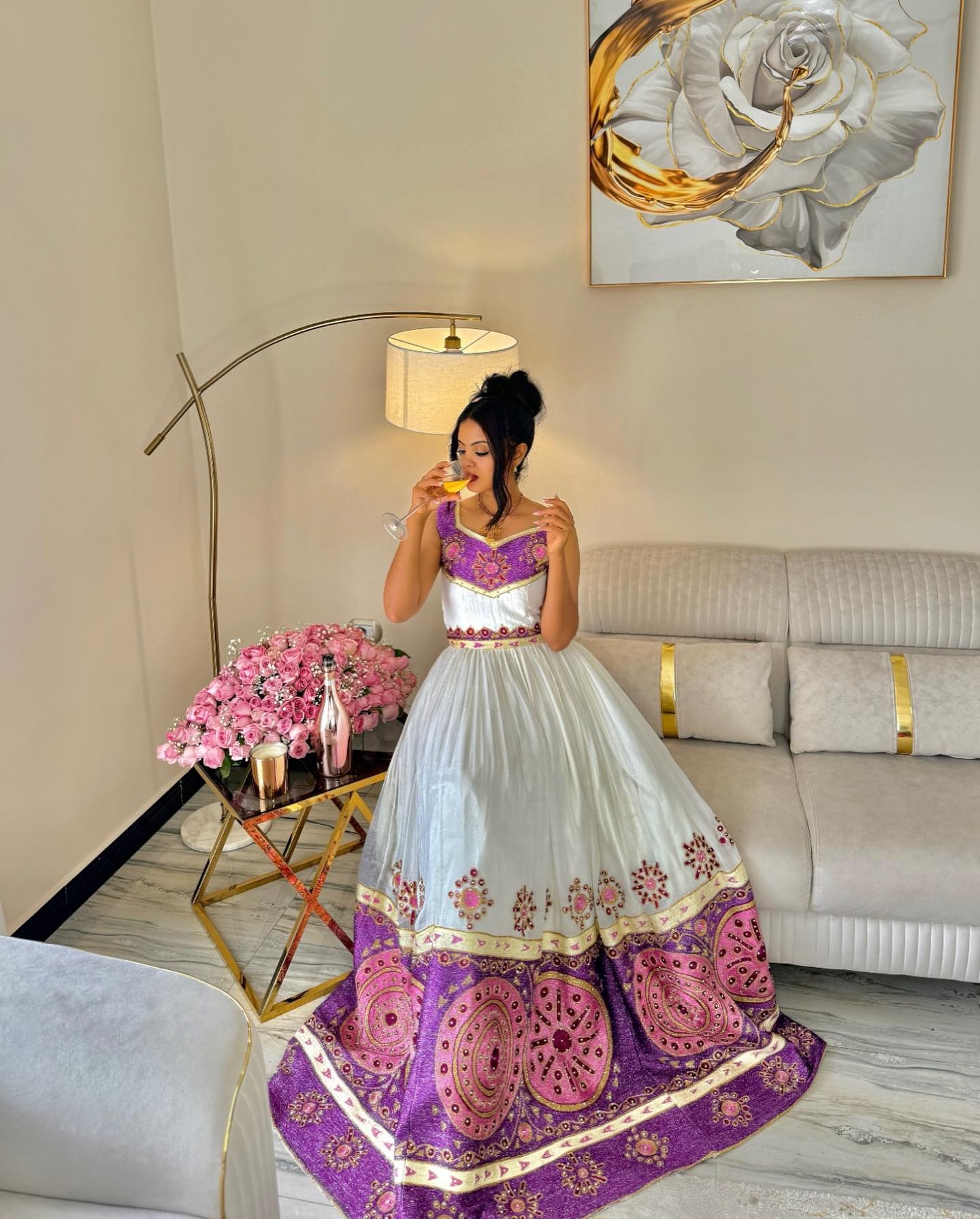 BISRY ETHIOPIAN WEDDING DRESS | PURPLE AND PINK EMBROIDERY HABESHA KEMIS | SLEEVELESS HABESHA DRESS