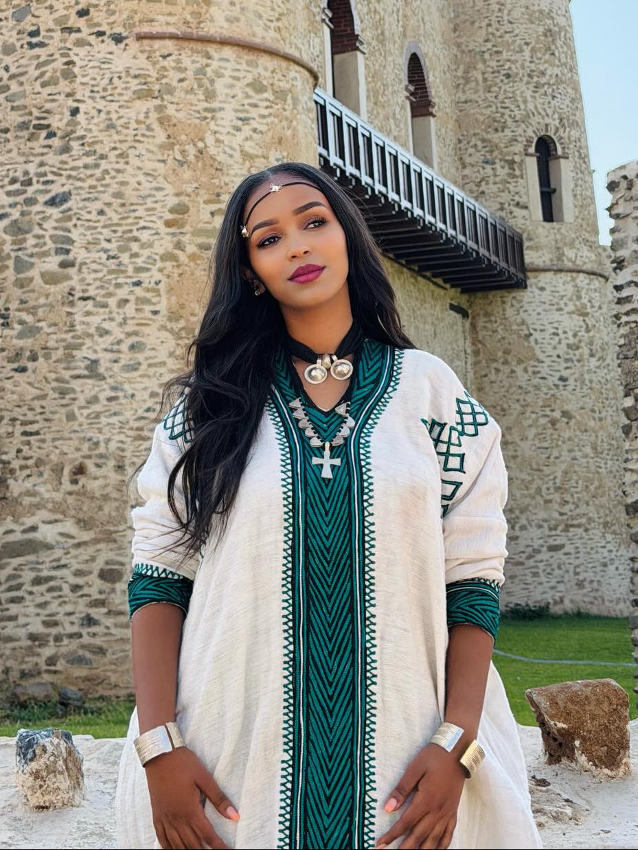 EDILAWIT GREEN AND BLACK EMBROIDERY HABESHA DRESS | LONG SLEEVE HABESHA KEMIS | CHARMING ETHIOPIAN DRESS
