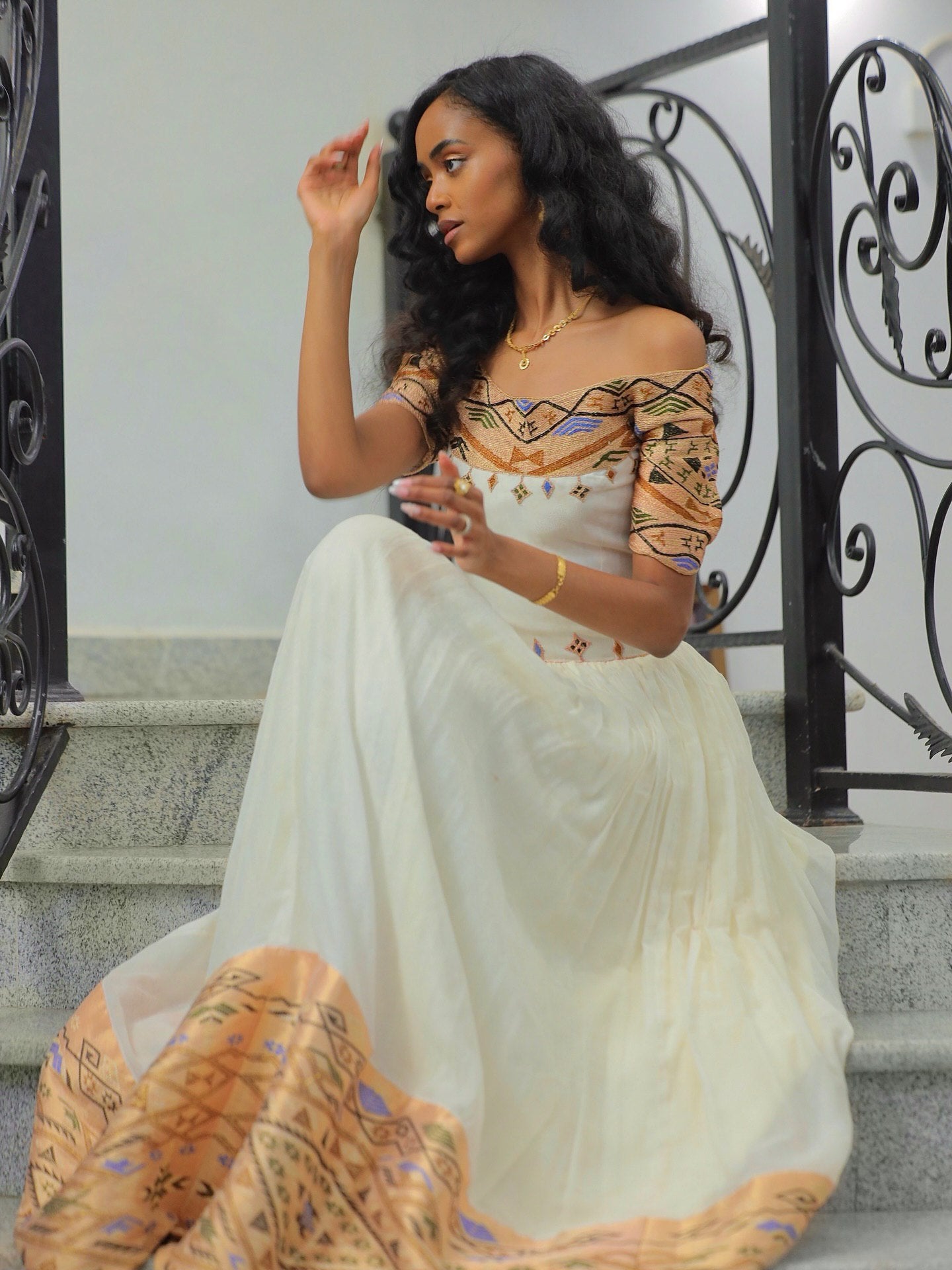 ANNA STUNNING OFF-SHOULDER HABESHA KEMIS | MULTICOLOR EMBROIDERY HABESHA DRESS | TRADITIONAL ETHIOPIAN CLOTHING