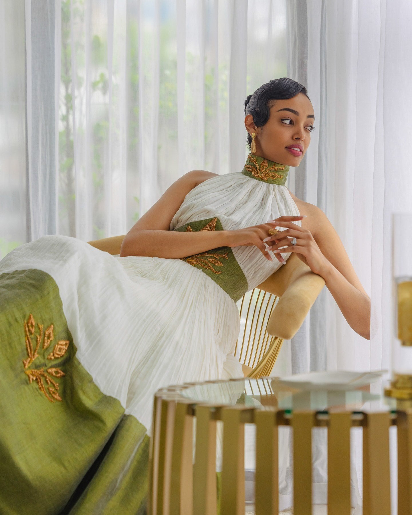 MHRU GREEN AND WHITE HABESHA DRESS | ELEGANT TRADITIONAL ETHIOPIAN CLOTHING | BEAUTIFUL HABESHA KEMIS