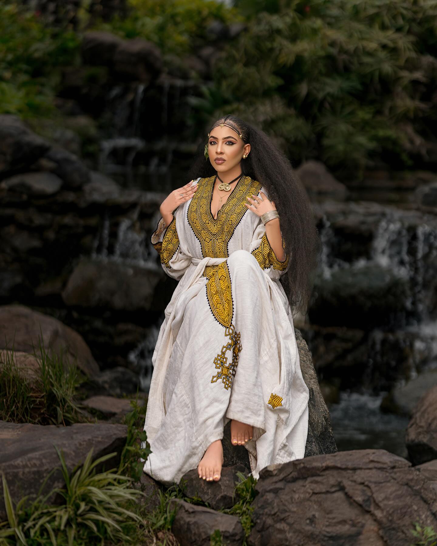 YETNAYET YELLOW & BLACK TIBEB EMBROIDERY ETHIOPIAN DRESS | HANDWOVEN HABESHA KEMIS | STUNNING HABESHA DRESS FOR FESTIVE