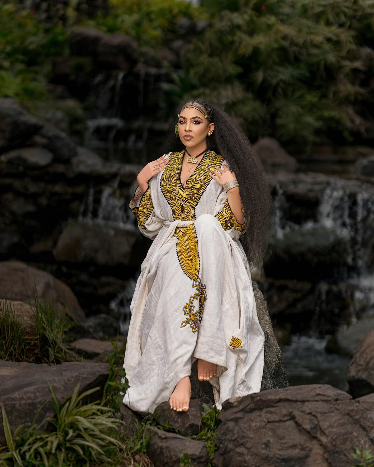 YETNAYET YELLOW & BLACK TIBEB EMBROIDERY ETHIOPIAN DRESS | HANDWOVEN HABESHA KEMIS | STUNNING HABESHA DRESS FOR FESTIVE
