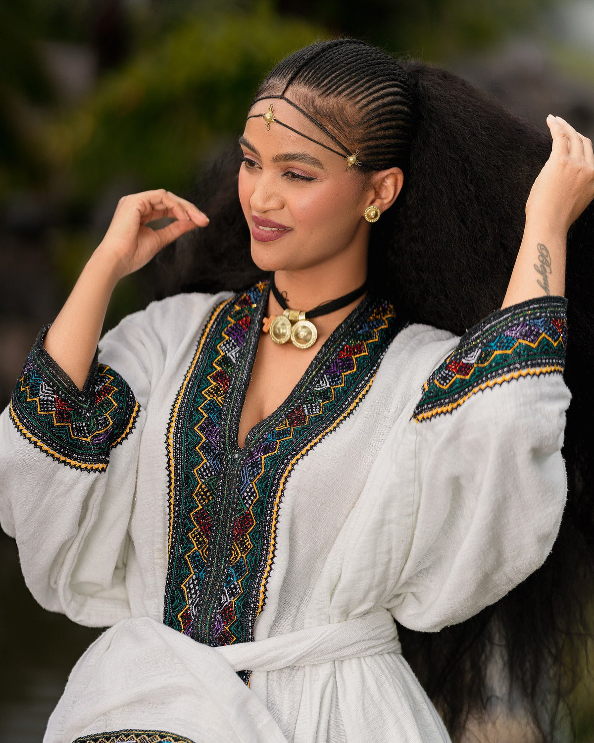 MENBI MULTICOLOR ZIGZAG TIBEB DESIGN ETHIOPIAN CLOTHING | BEAUTIFUL HABESHA DRESS FOR HOLIDAY | WIDE SLEEVE HABESHA KEMIS