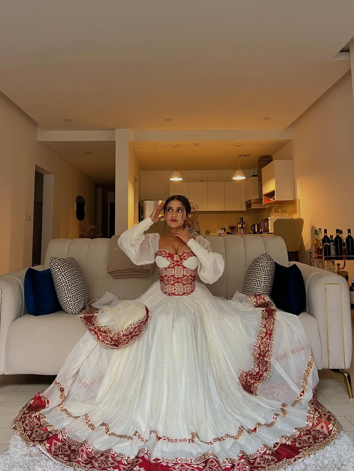 ARIAM ROYAL TRADITIONAL ETHIOPIAN WEDDING DRESS | RED AND GOLD WOVEN PATTERN HABESHA KEMIS | VIBRANT HABESHA DRESS FOR WEDDING